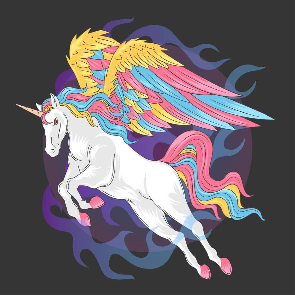 一隻白色帶翼獨角獸，擁有彩虹鬃毛和尾巴，在宇宙漩渦中奔馳。