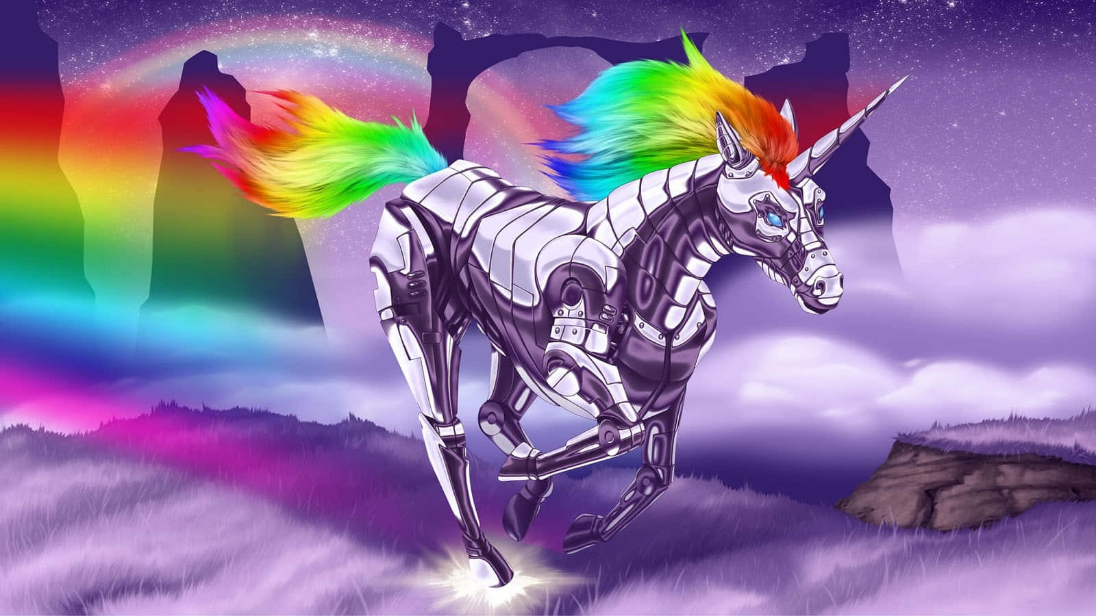 一隻帶有彩虹鬃毛的機械獨角獸在星空下穿過紫色田野奔跑。