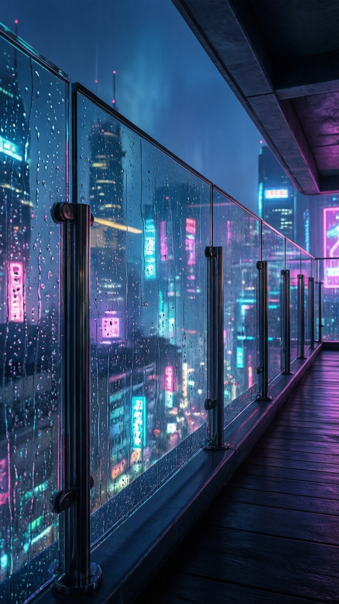 Barrier 桌布 壁紙 — 雨滴沿著玻璃欄杆流下，未來城市的霓虹燈光透過迷霧的夜晚閃耀。