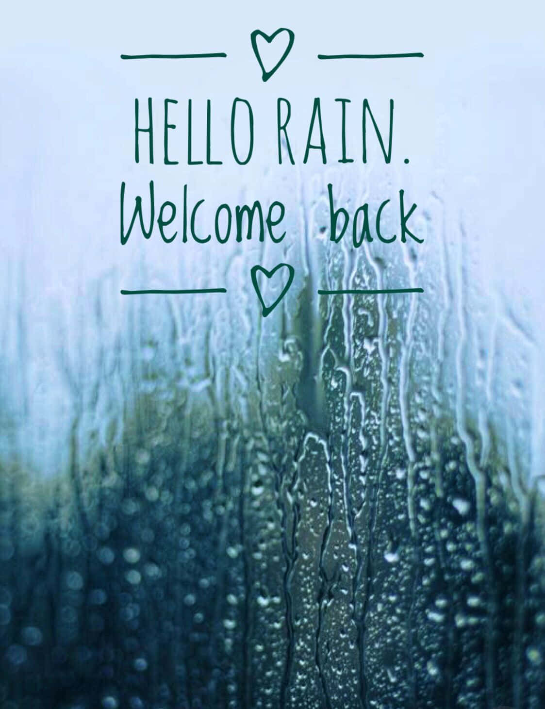  壁紙 — 雨滴沿窗戶流下，青綠色文字被心形環繞，寫著hello rain welcome back。