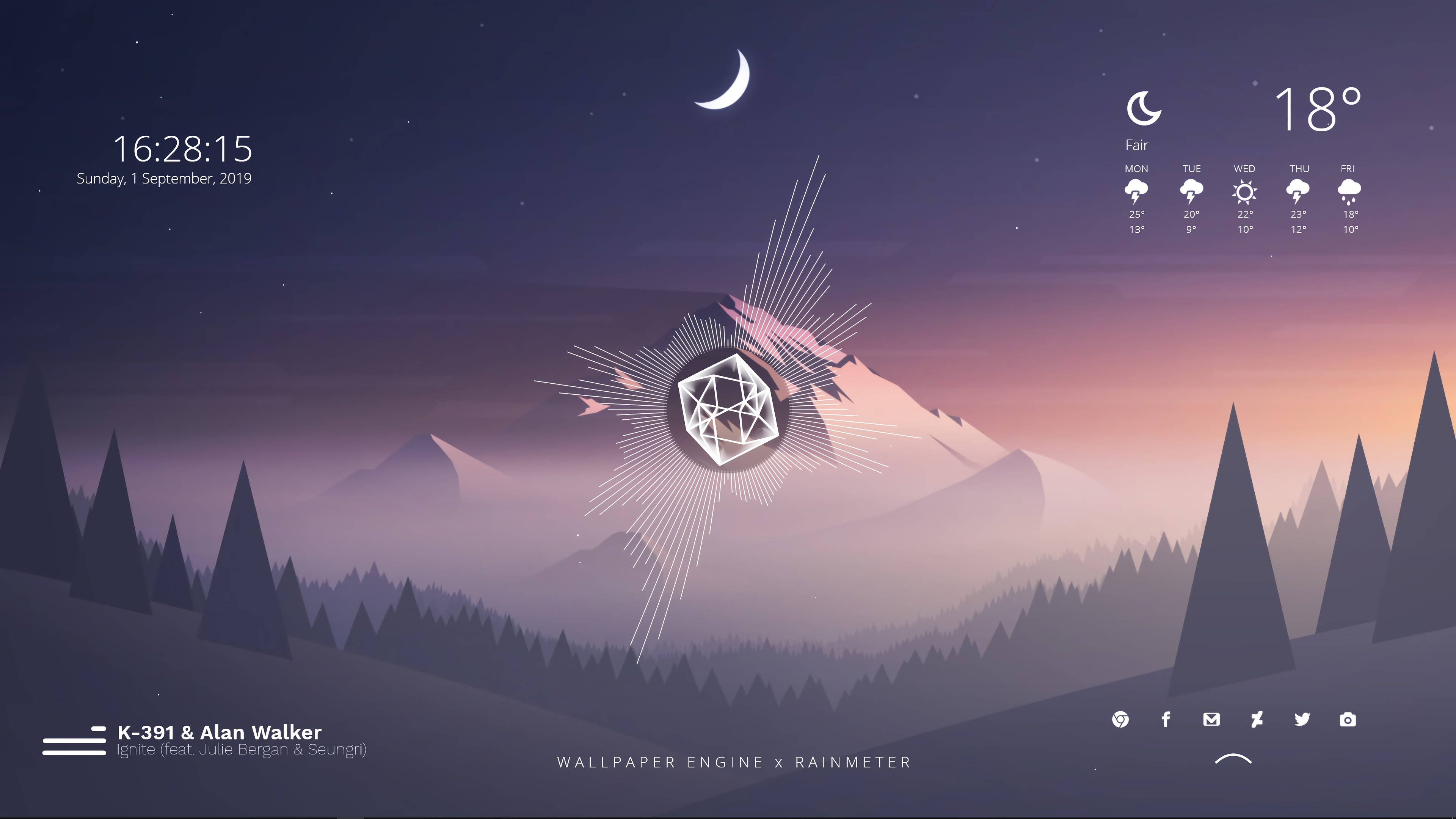 數位藝術山景 Rainmeter 主題 壁紙 — 寧靜的暮色山景，一個發光的幾何符號在紫色和粉紅色的天空中散發光芒。