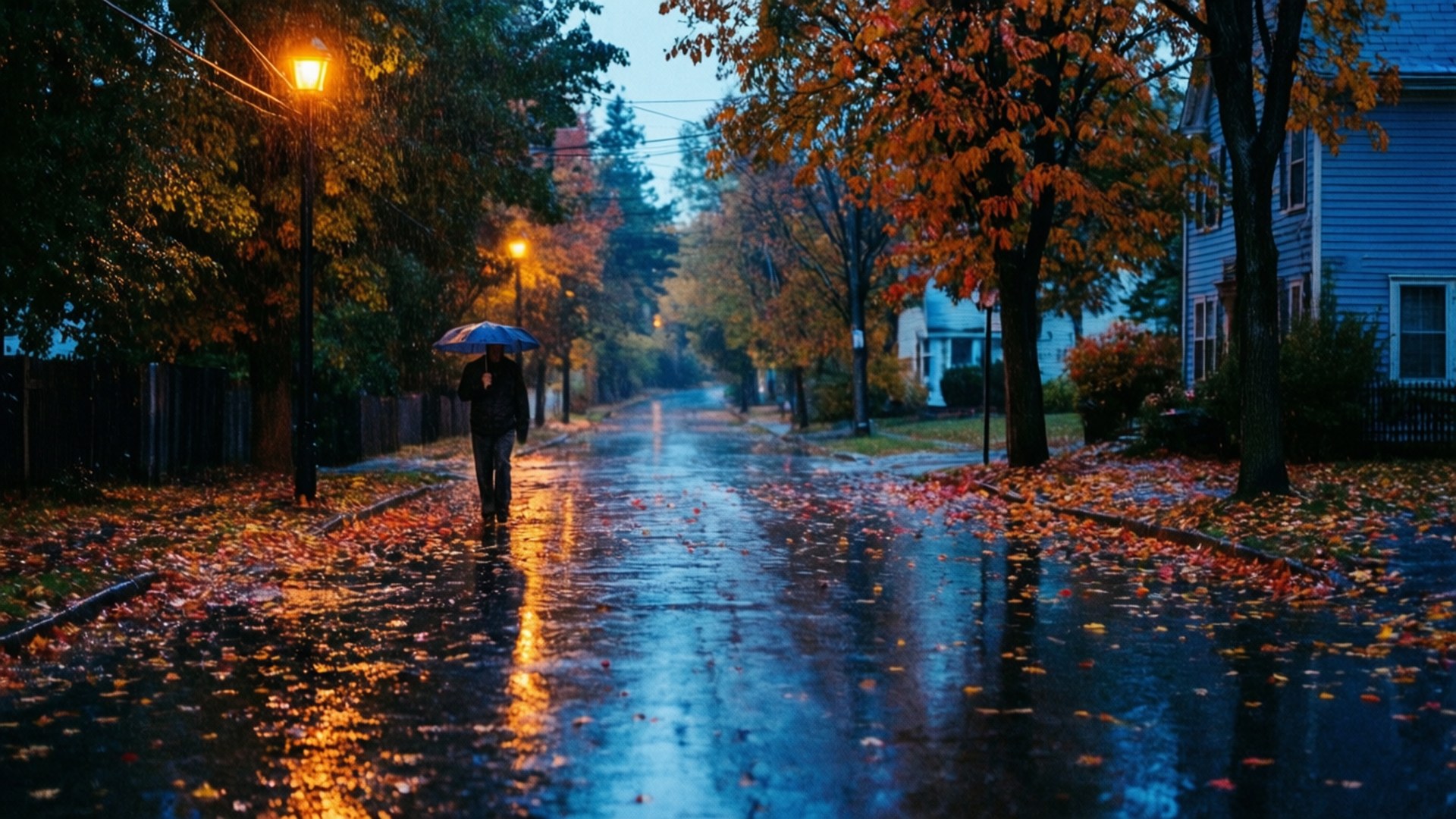 一個人在雨中獨自走在路燈下，濕漉漉的人行道上散落著落葉