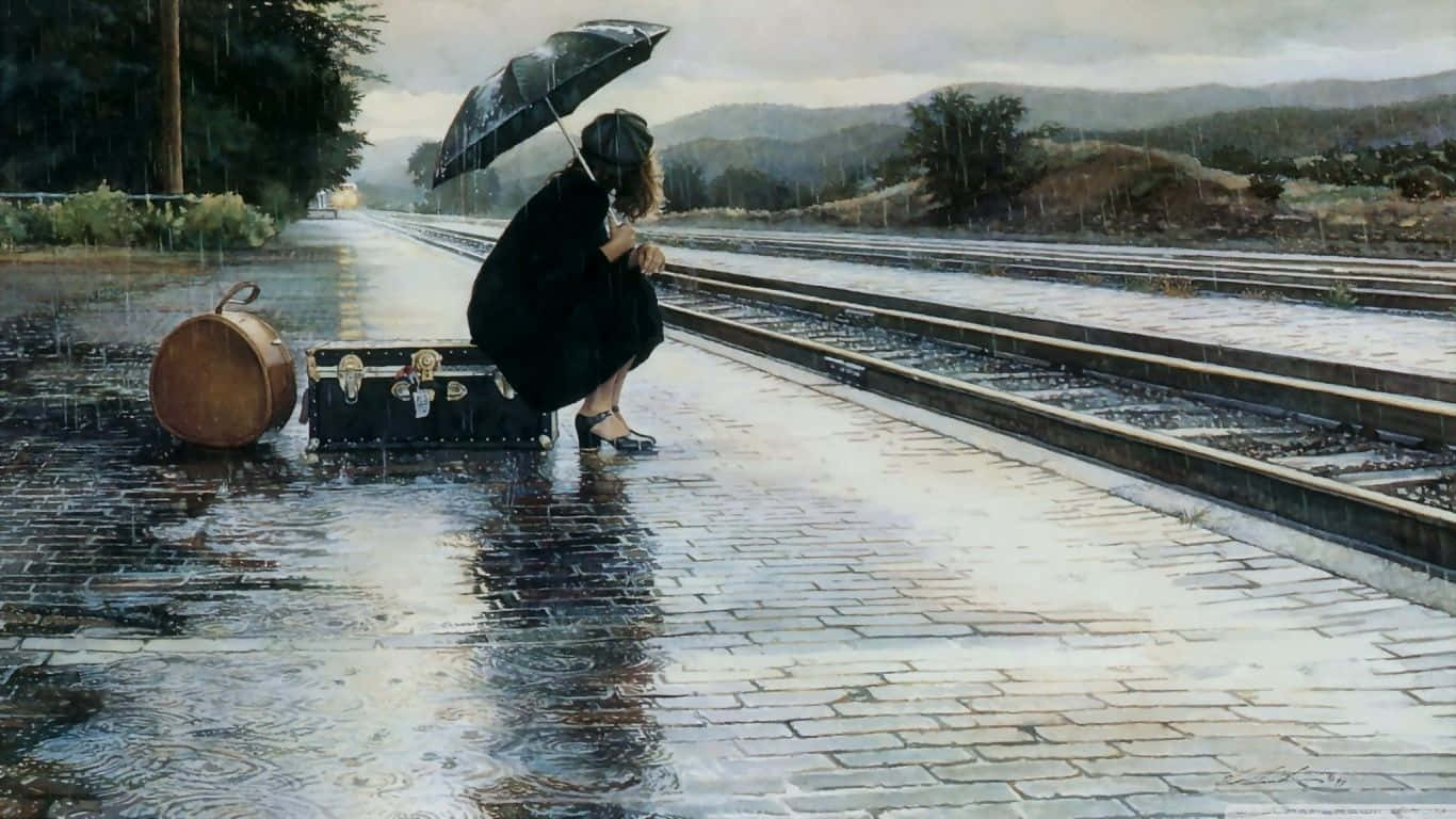 女人帶著雨傘和行李在雨中濕漉漉的火車月台上等候。