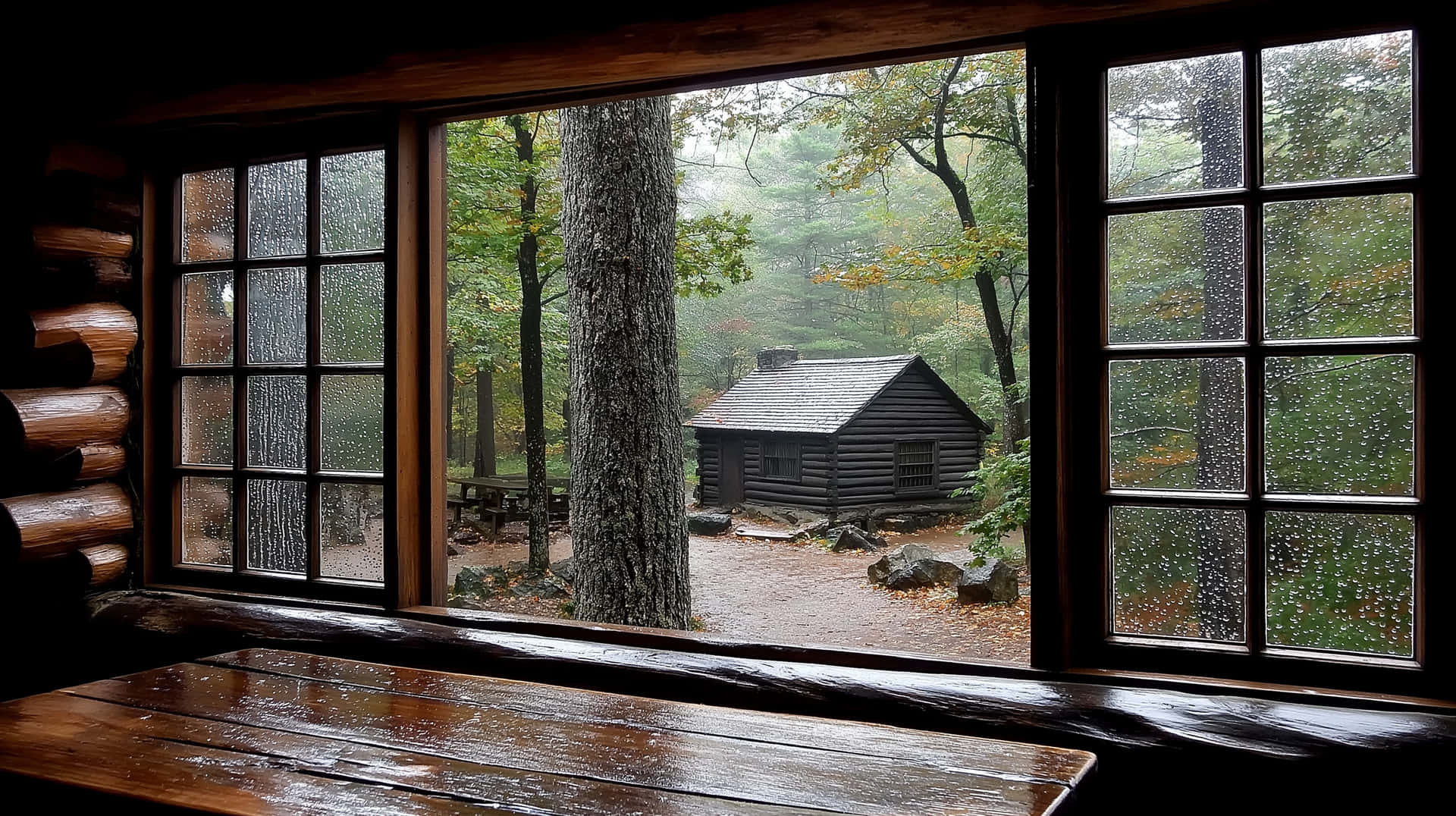 從木屋內部望向森林和另一間小屋的雨天景色。