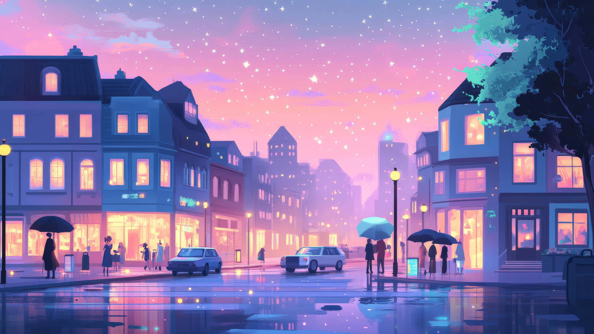  壁紙 — 黃昏時分的雨街，發光的窗戶和星空倒映在濕漉漉的人行道上。