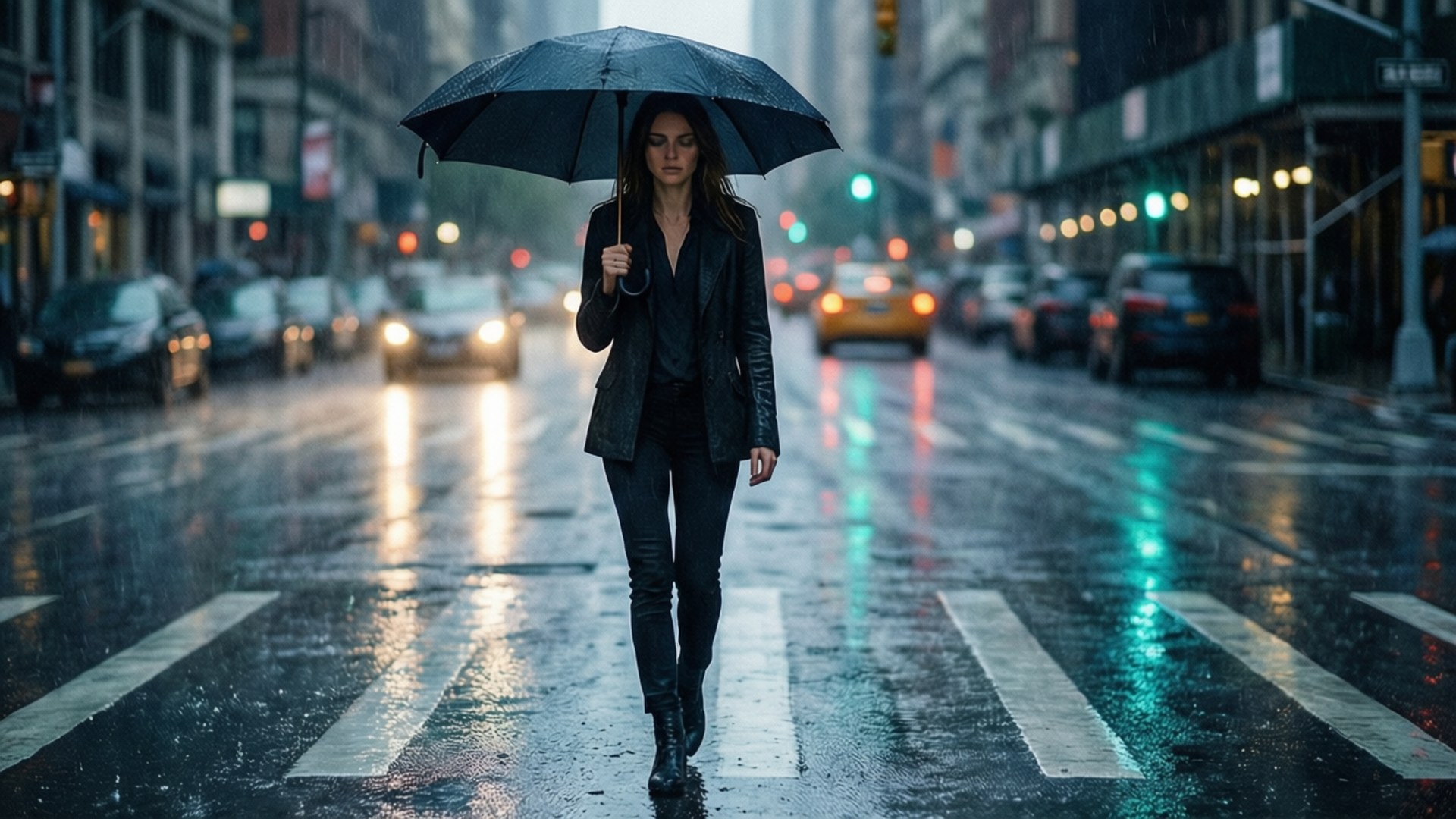 一名身穿黑色皮褸的女子，在雨中撐著黑色雨傘，走過濕漉漉的城市街道。