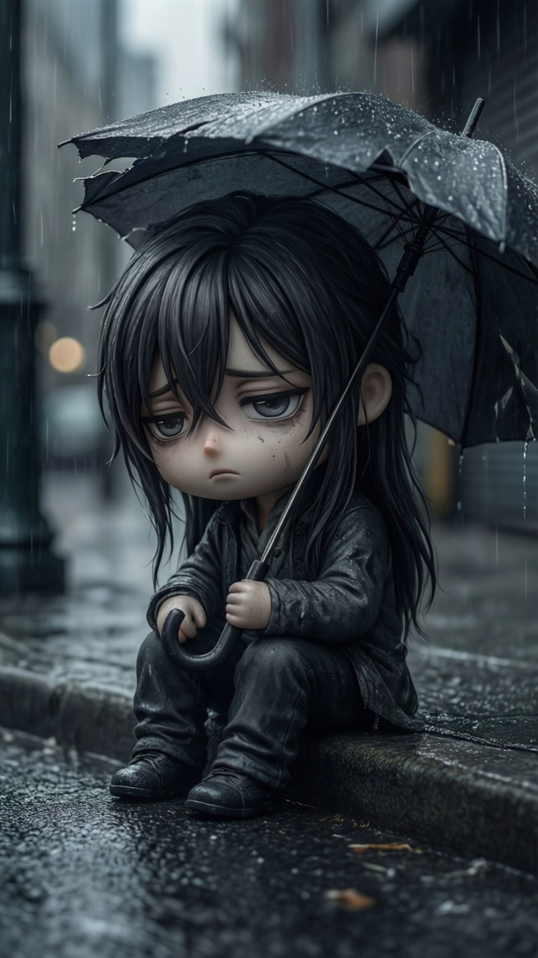 悲傷的Q版動漫女孩坐在濕人行道上，在雨中拿著破傘