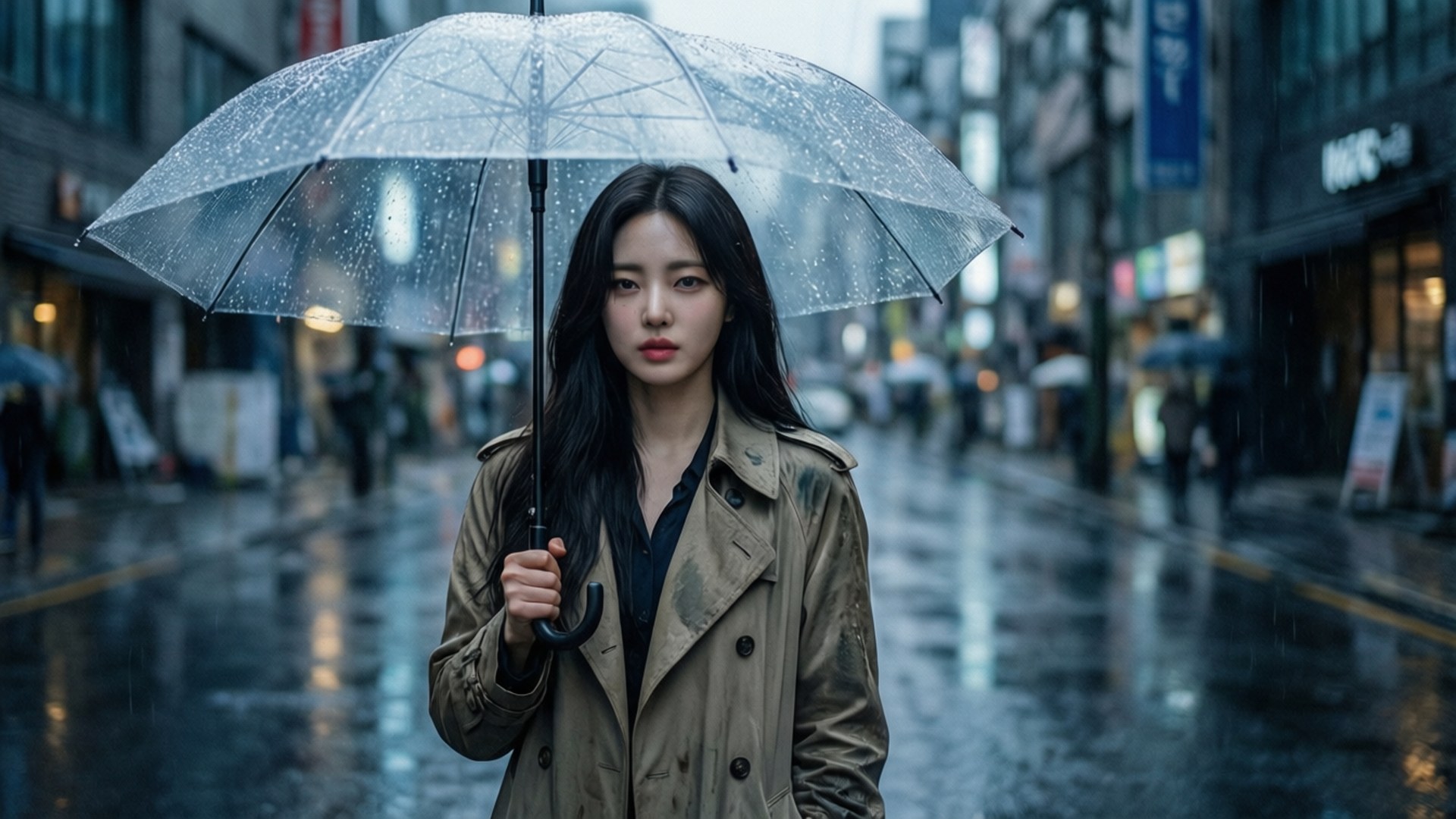 一位女士在雨中的城市街道上拿著透明雨傘，穿著米色風衣。