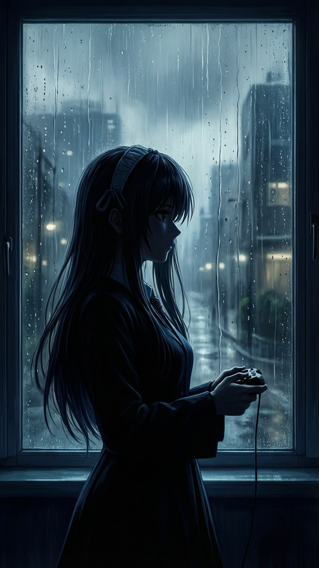 年輕女子身穿深色外套，在雨夜窗邊手持遊戲控制器