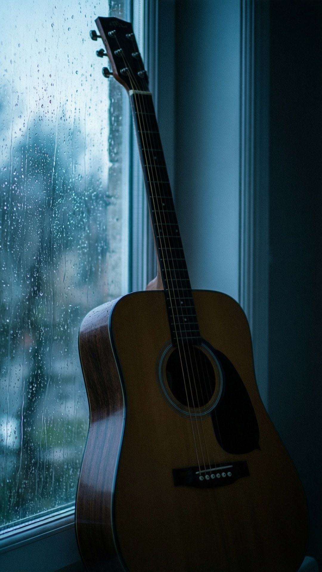Rainy Day Guitar 壁紙 — 一把原聲結他靠在雨痕斑斑的窗戶上，房間光線昏暗，帶有冷藍色調。