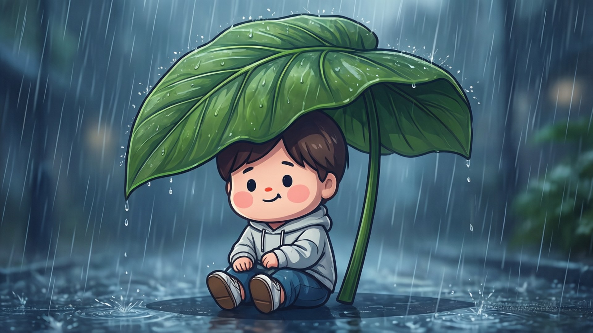 一個微笑的小孩坐在一個巨大的葉子雨傘下，在雨中，水花四濺。