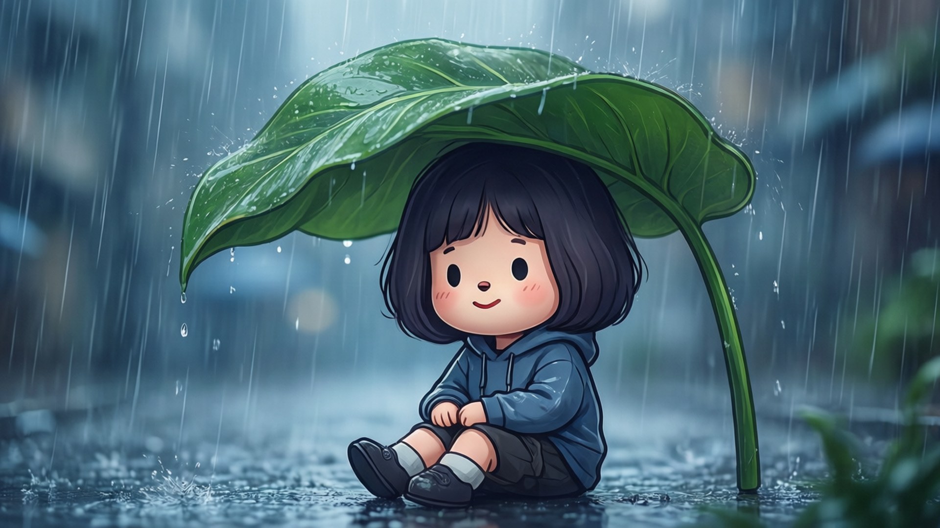 一個卡通女孩坐在一個大的綠色葉子雨傘下，在雨中濕漉漉的街道上。