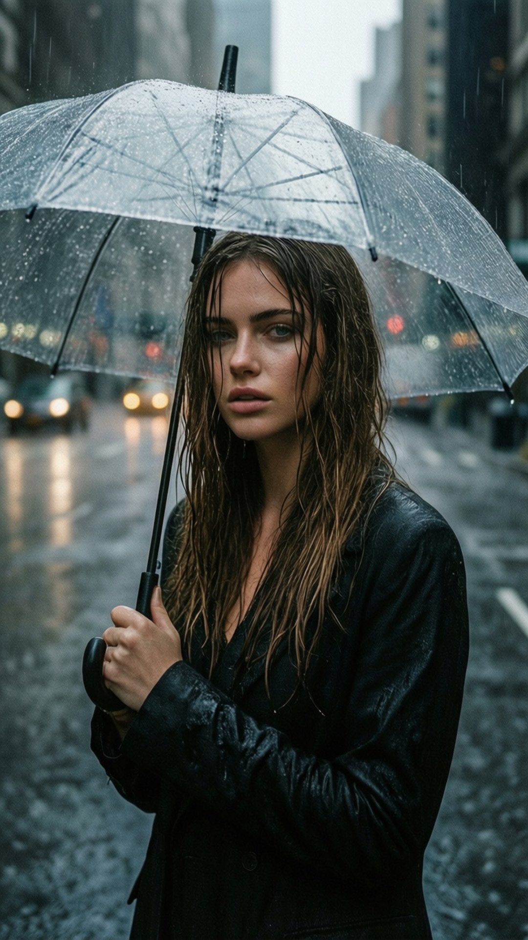 女人在黃昏雨中的城市街道上手持透明雨傘，身穿黑色外套