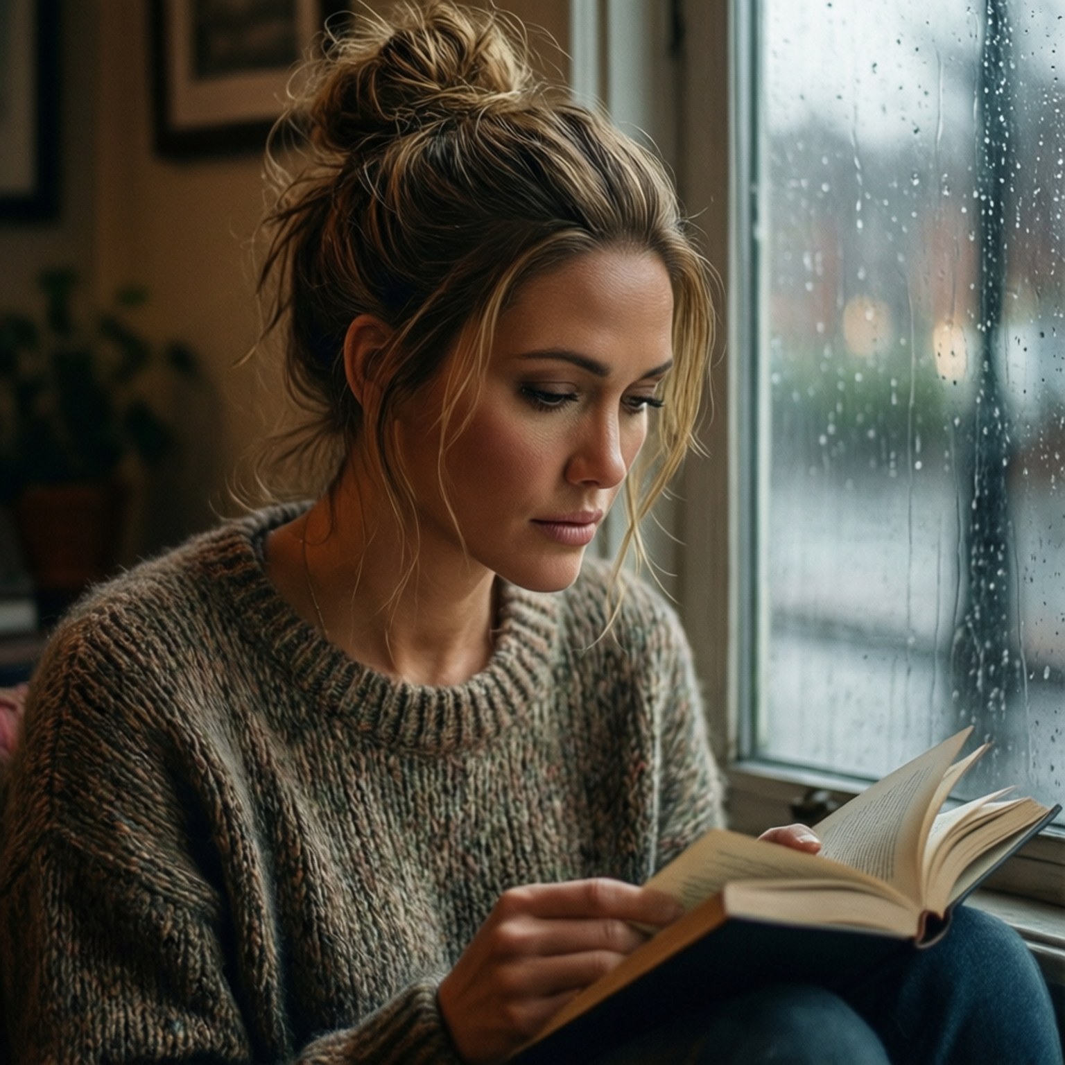 穿針織毛衣的女士在雨窗邊看書