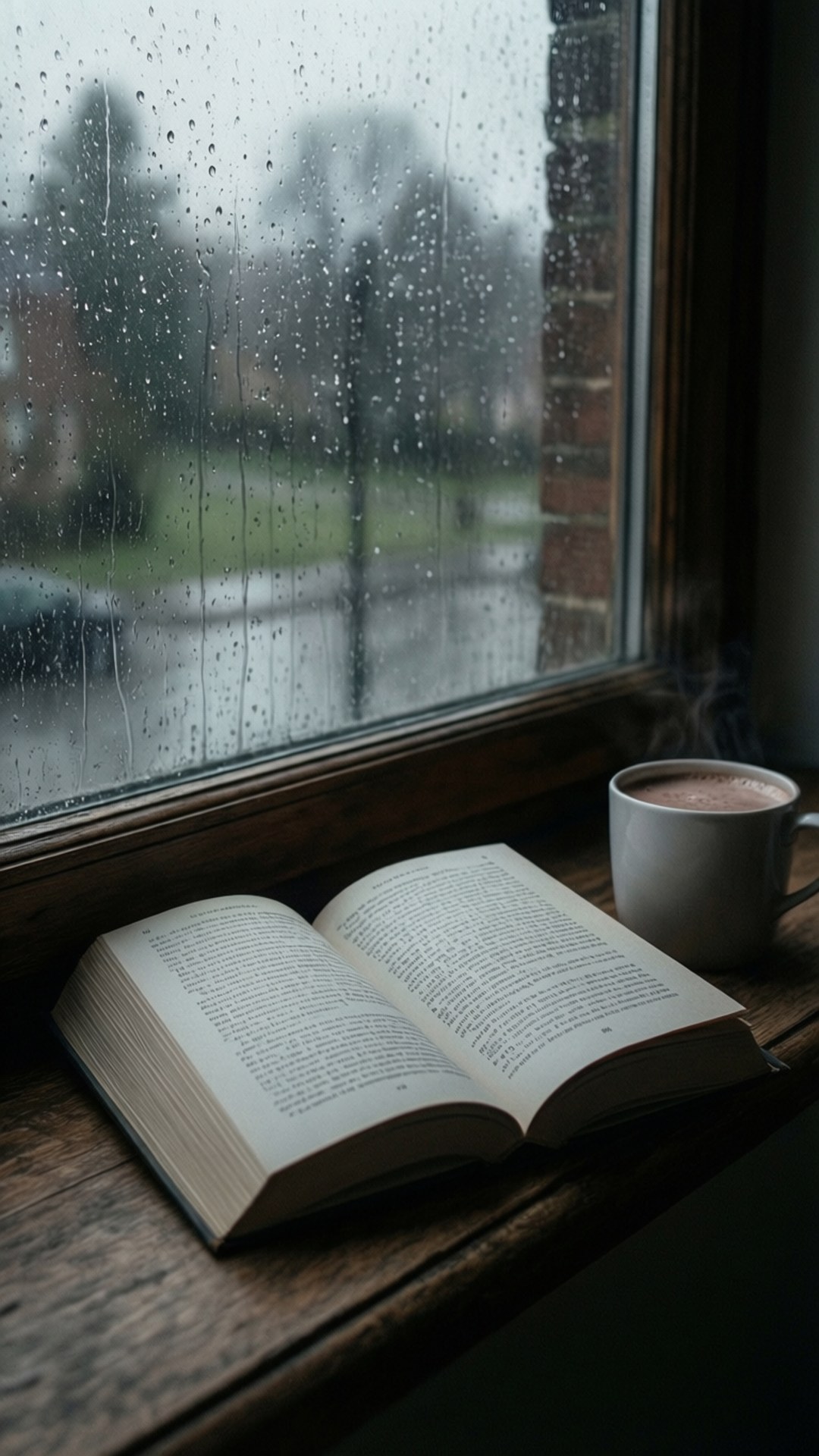 打開的書和冒蒸氣的馬克杯在木窗台上，玻璃上有雨滴