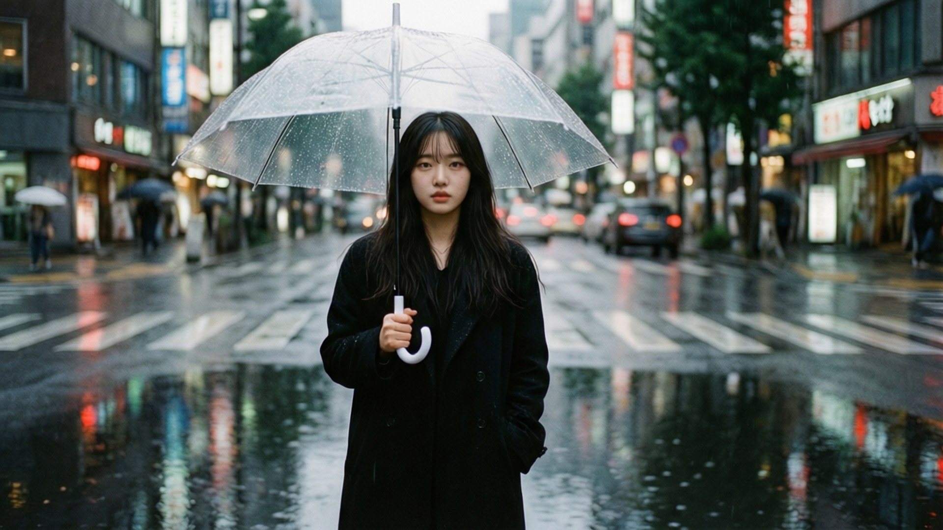 一位穿著黑色外套的女子手持透明雨傘，站在雨夜的城市街道上，霓虹燈光在水坑中反射。