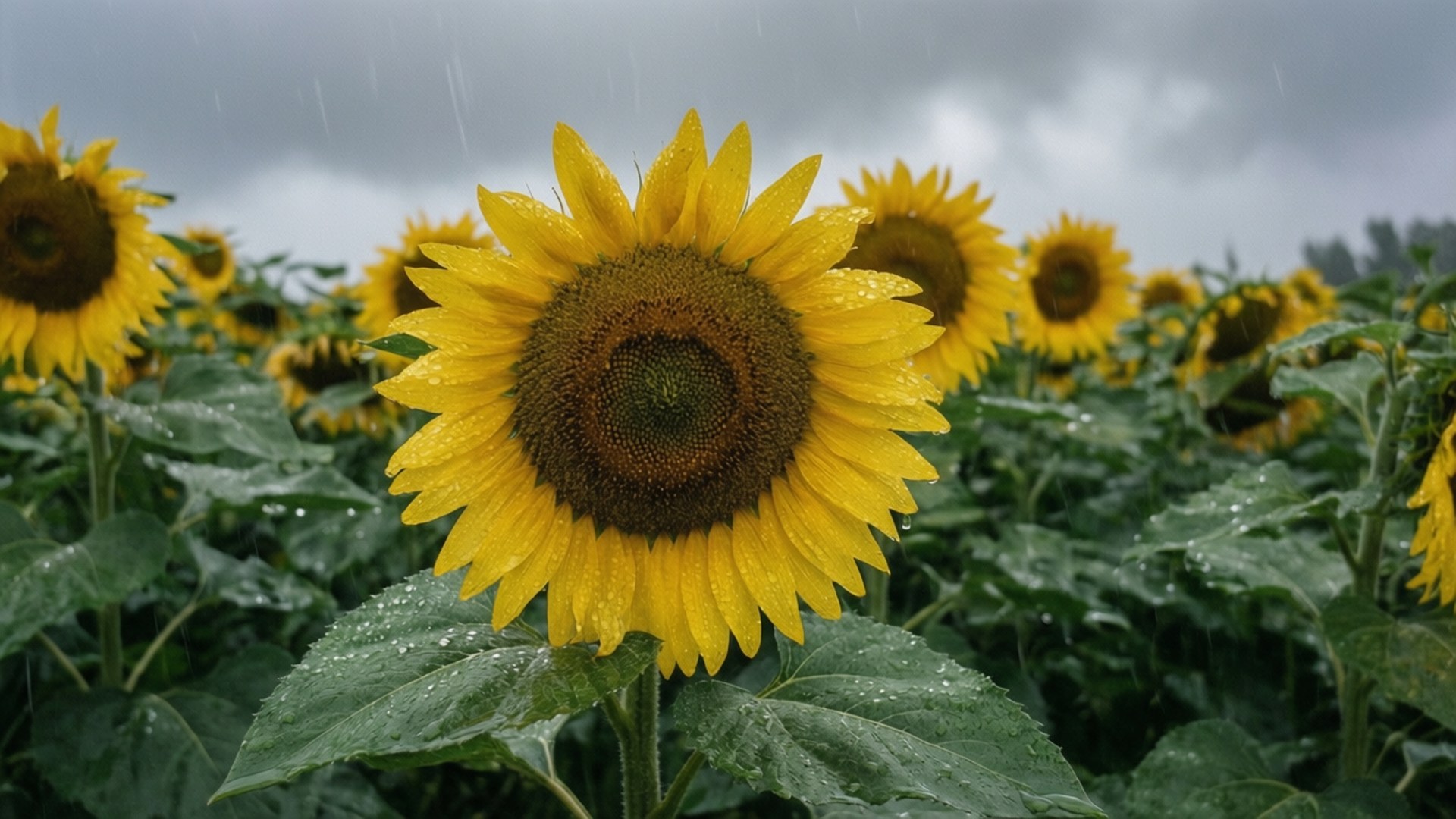 雨中的向日葵，花瓣和葉子上有水珠