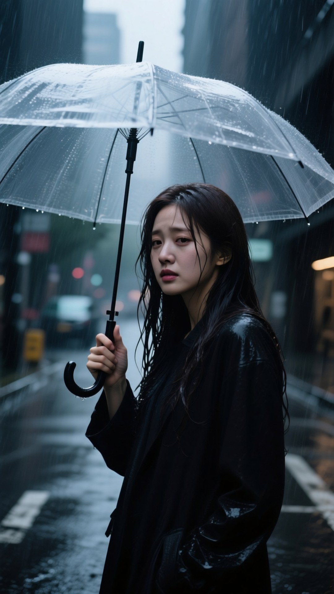 女子在夜晚雨中的城市街道上撐著透明雨傘