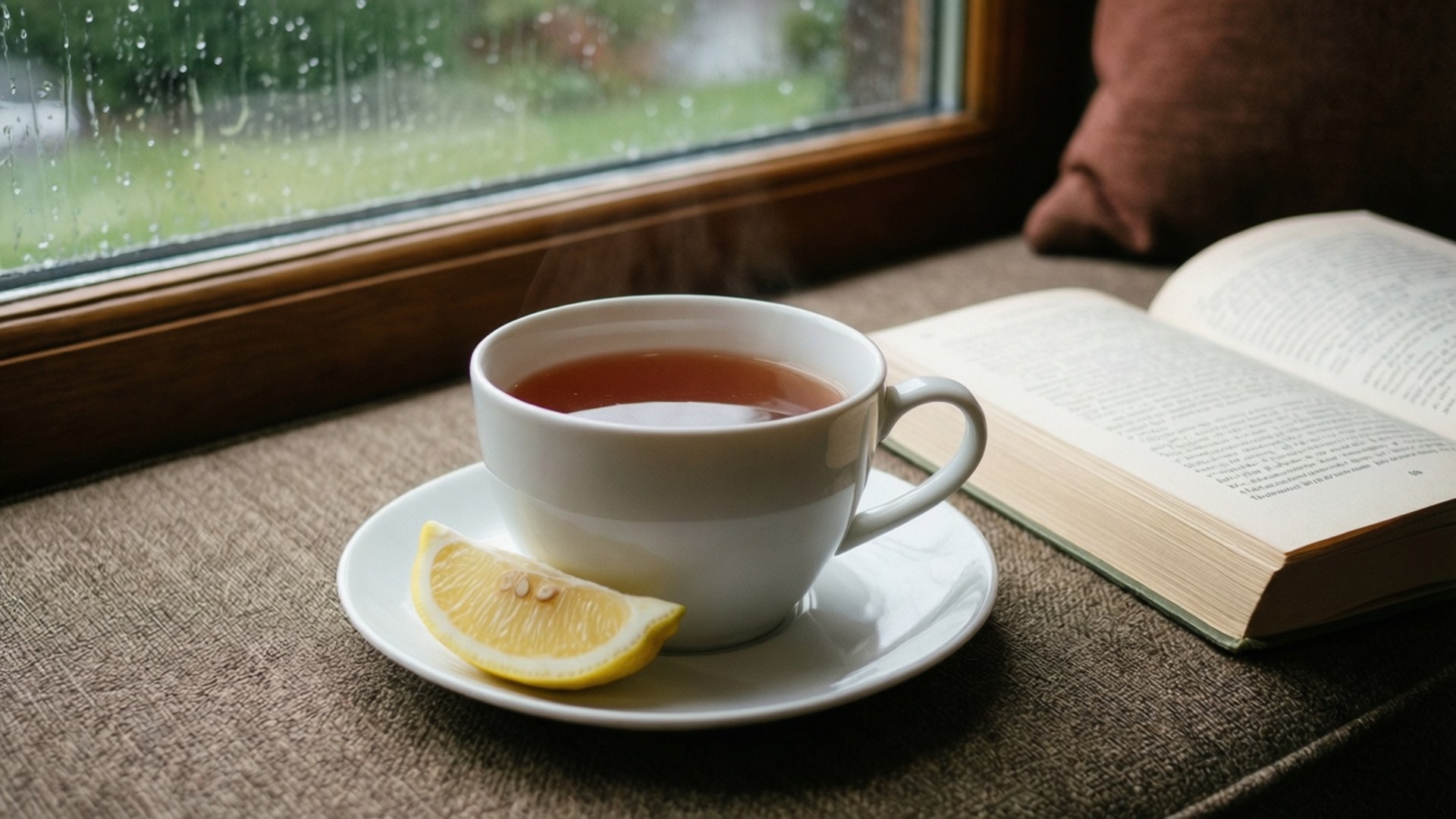 一杯檸檬茶放在打開的書旁邊，窗外下著雨。