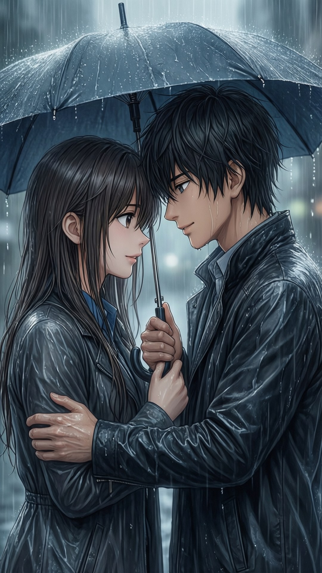 一對年輕情侶在暴雨中於黑色雨傘下擁抱，穿著濕透的皮夾克。