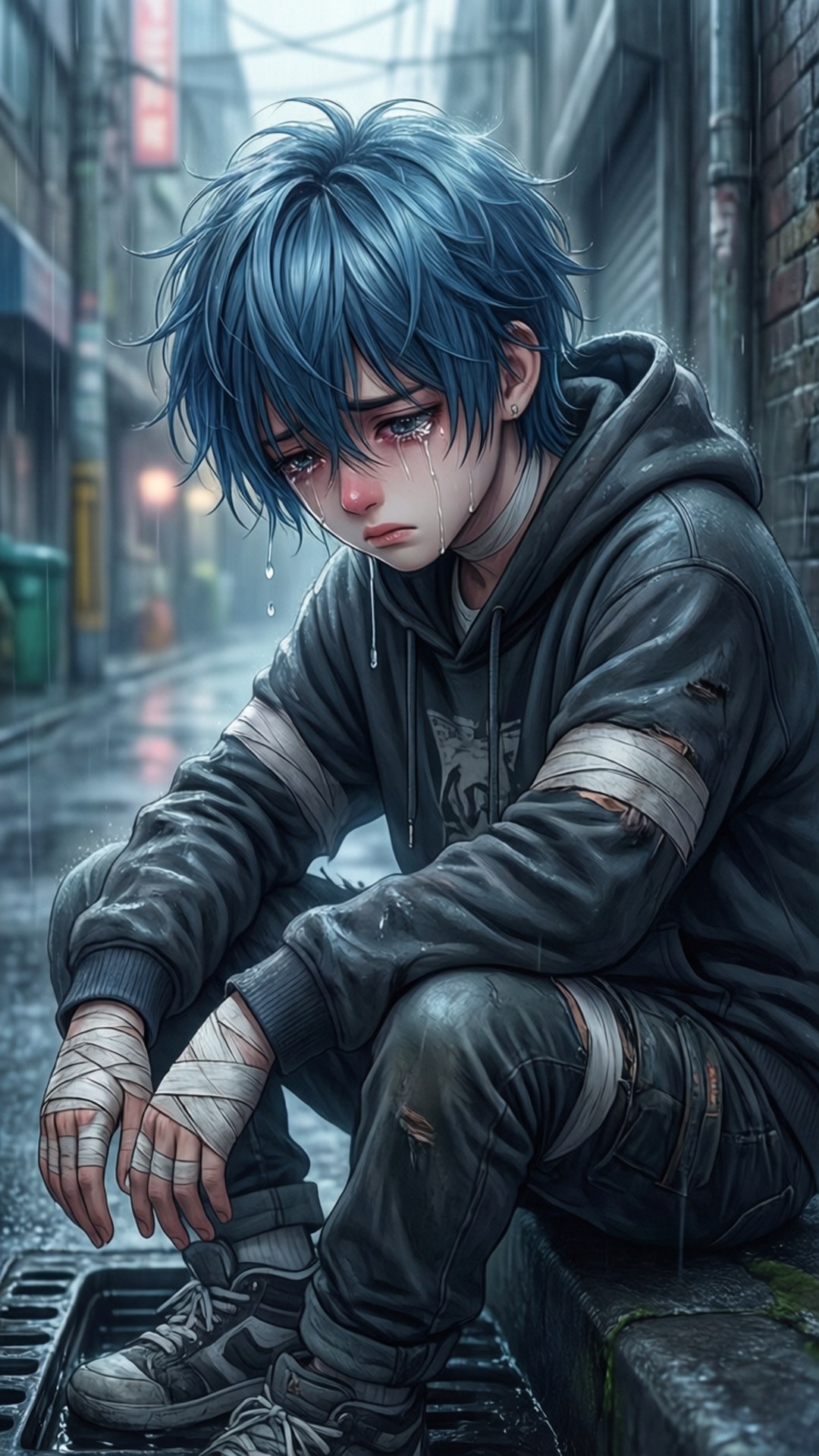 一個藍髮動漫男孩坐在下雨的小巷中哭泣，淚水順著臉頰流下。