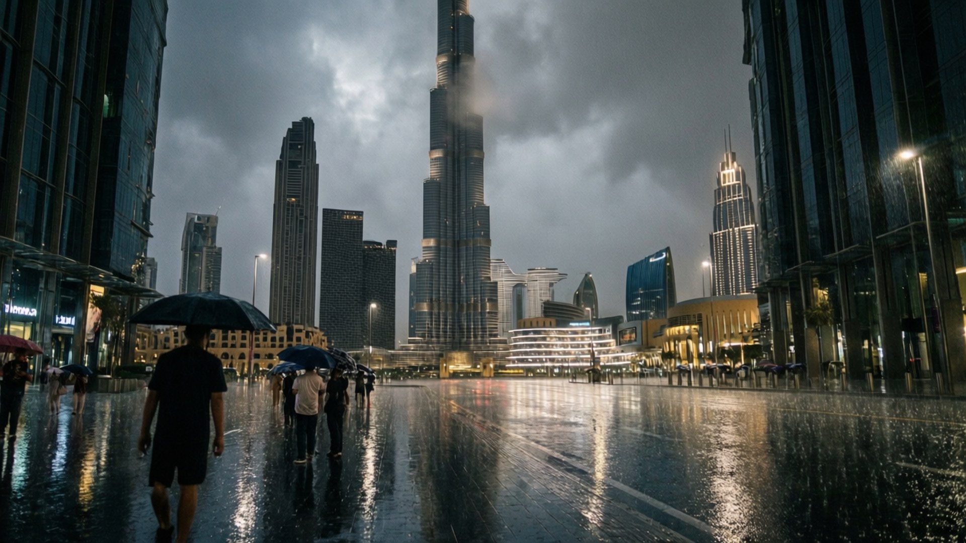 人們撐著雨傘在雨中走在濕漉漉的城市廣場上，背景是高樓大廈。