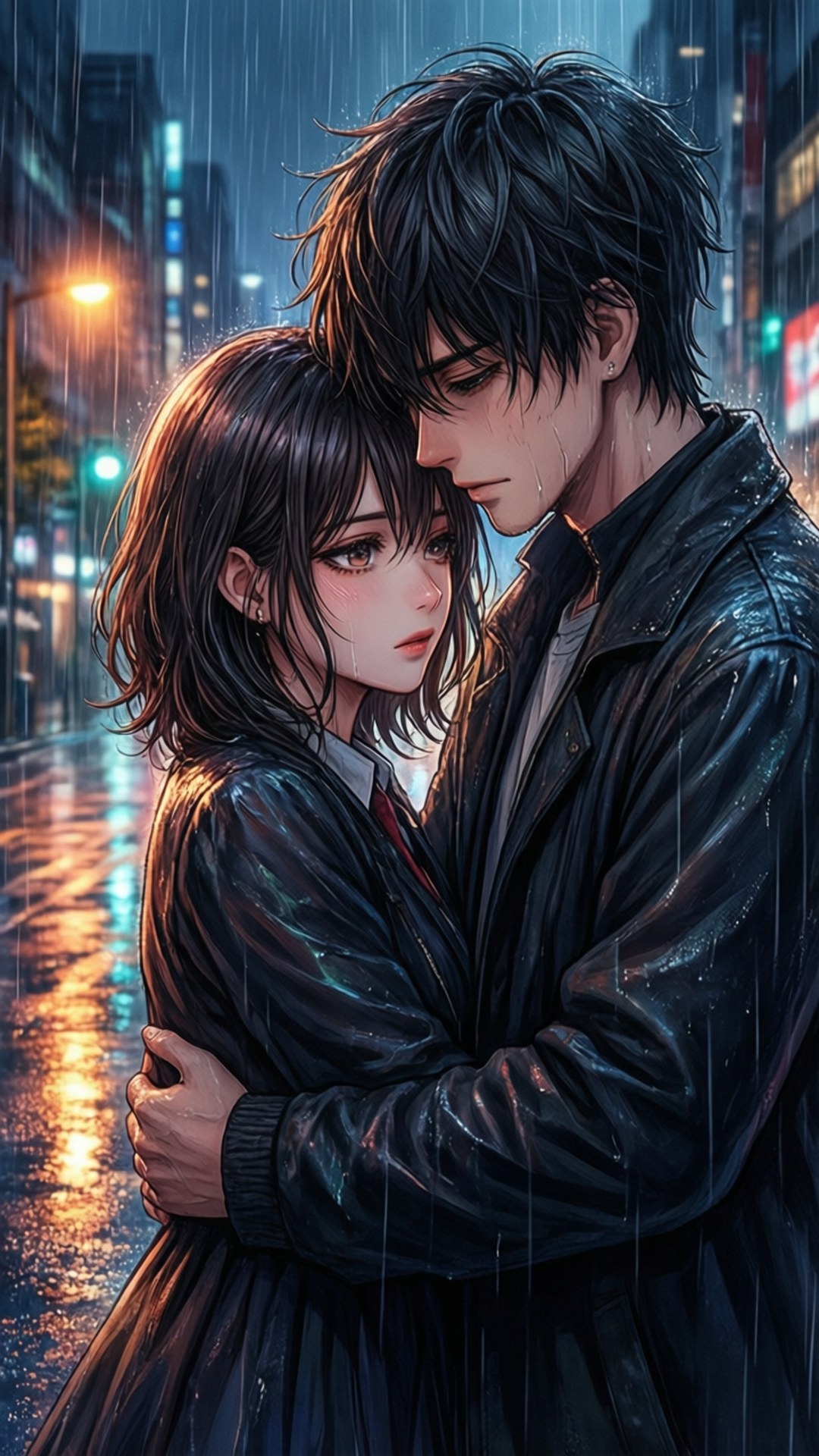 一對年輕情侶在雨中緊緊相擁，身處夜間城市街道，發光的路燈在濕漉漉的人行道上反射。