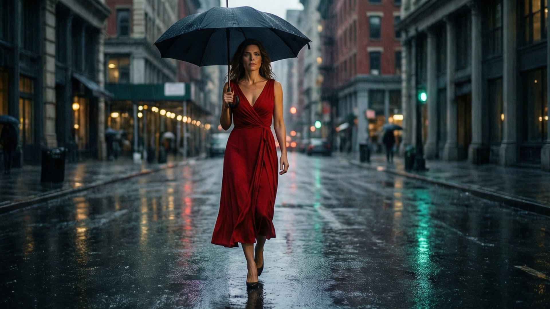 一位身穿紅裙的女性在夜晚的雨中城市街道上撐傘行走。