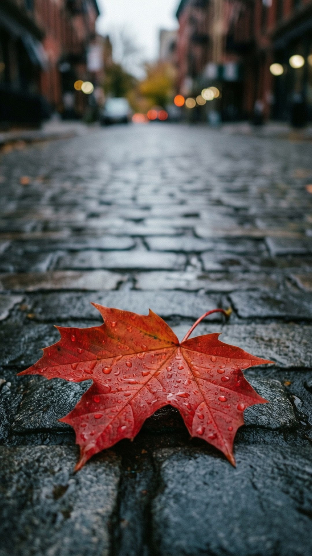 在城市環境中，一片帶有水珠的紅色楓葉躺在濕漉漉的鵝卵石街道上。