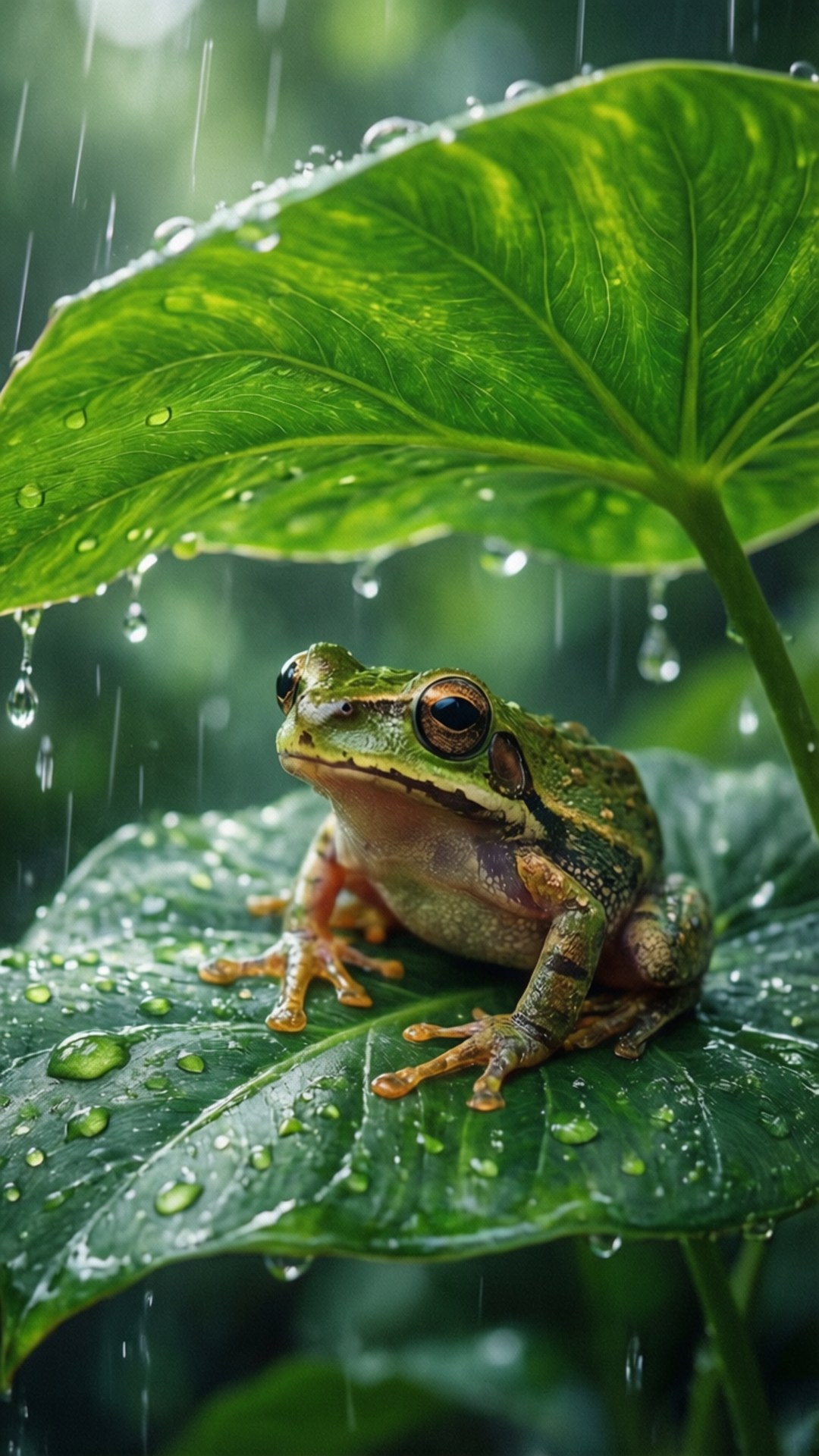 一隻青蛙坐在濕葉子上，在綠色森林中下雨。