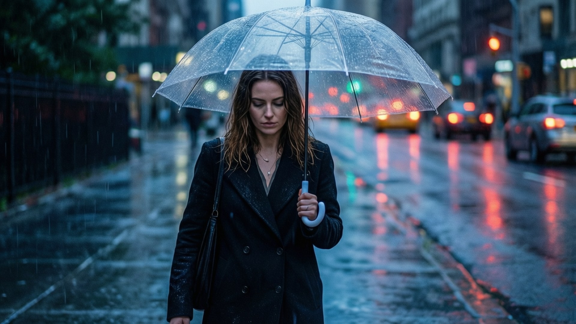 女子手持透明雨傘在雨夜城市中行走，濕漉漉的人行道和車燈反射