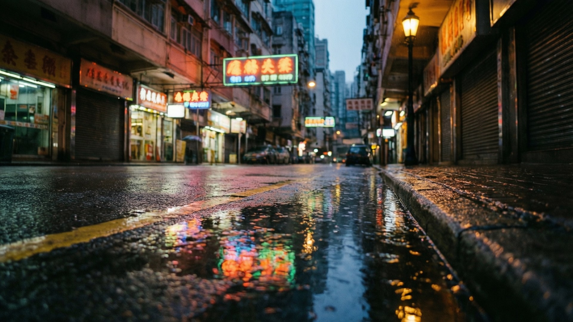 香港雨夜街頭，霓虹燈光倒影與鮮豔招牌交相輝映。