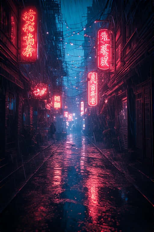 夜晚一條狹窄潮濕的小巷，被發光的紅色霓虹燈招牌照亮，倒映在人行道上。