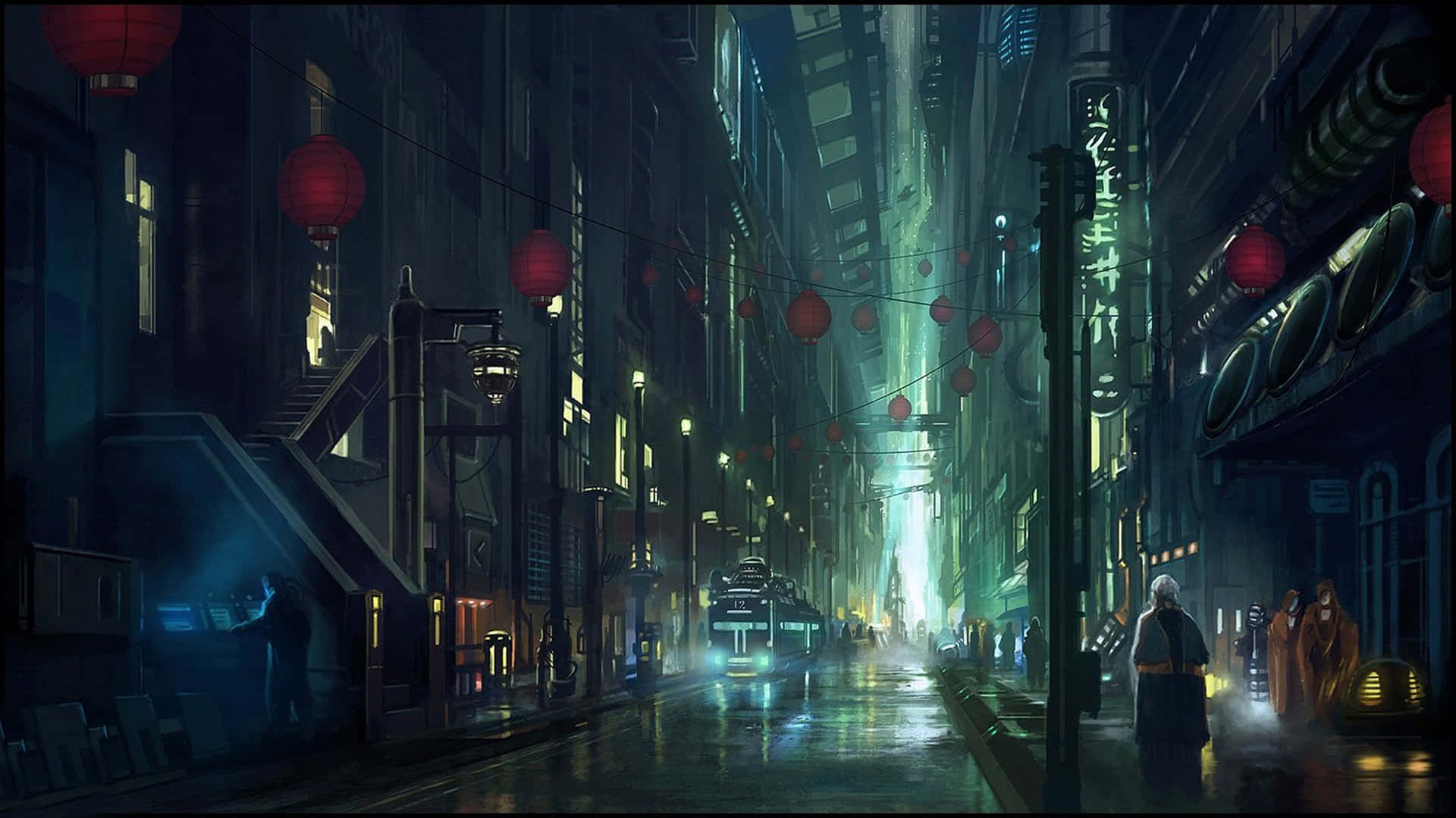 Dark Cyberpunk 桌布 壁紙 — 雨中的霓虹燈科幻小巷，有發光的招牌、紅色燈籠，以及一輛孤獨的電車倒映在濕漉漉的路面上。