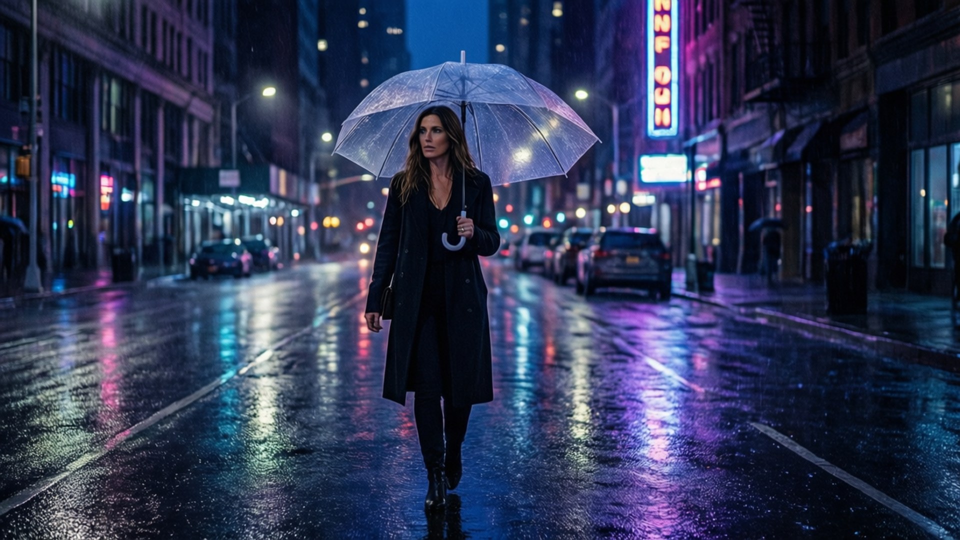 女子在夜間霓虹燈照亮的城市街道上撐傘雨中行走