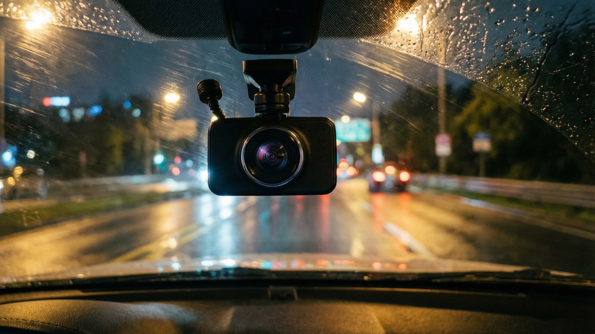 夜間駕駛，擋風玻璃上有雨滴，行車記錄儀記錄前方城市燈光