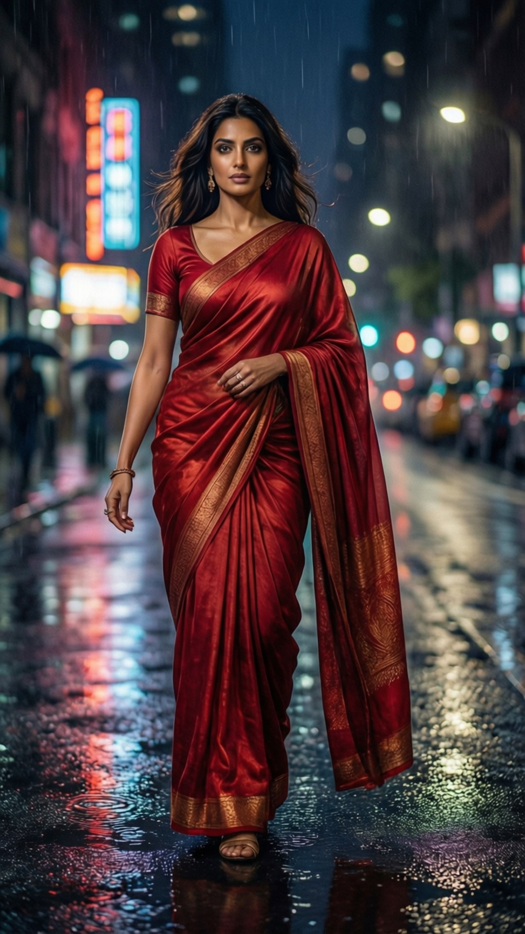 身穿紅色紗麗的女性在雨中走在濕漉漉的城市街道上，夜晚霓虹燈反射