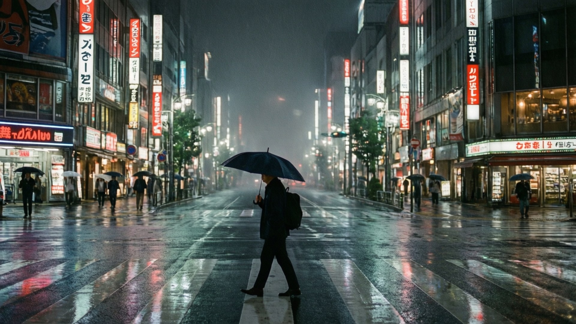在雨夜霓虹閃爍的東京街道上，撐著黑色雨傘走過濕漉漉道路的人