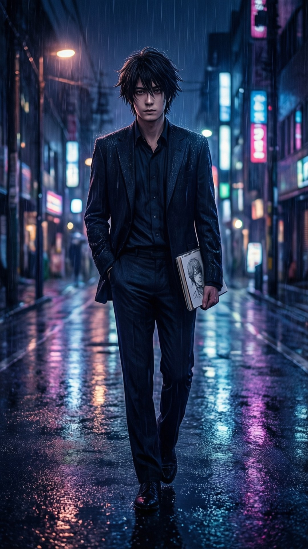 一個穿著深色西裝的男人在濕漉漉的霓虹燈城市街道上行走，拿著一本書。