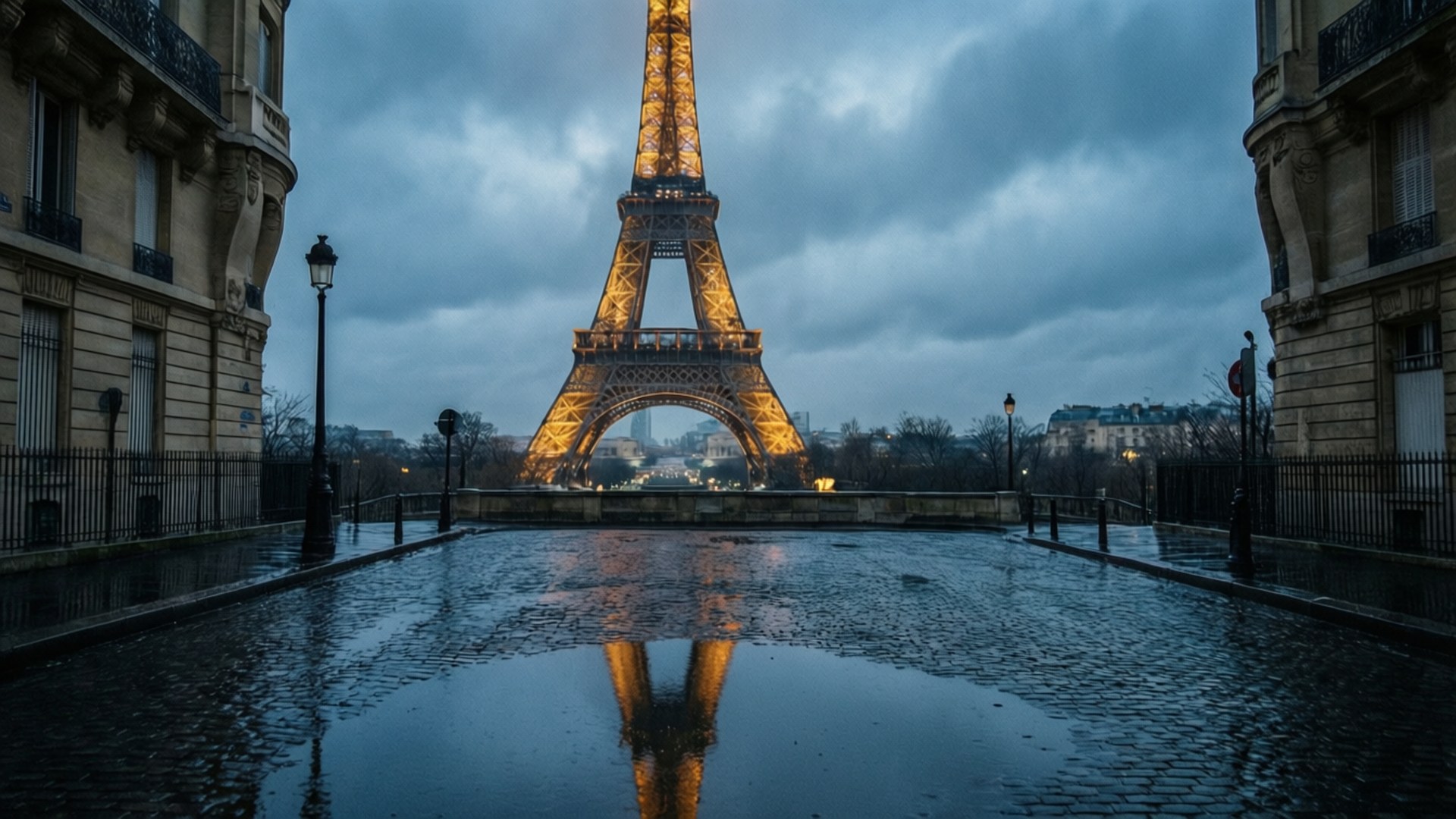 Rainy Paris Evening 壁紙 — 艾菲爾鐵塔在憂鬱的暮色天空中溫暖地發光，其倒影在歷史悠久的巴黎建築兩側的濕漉漉的鵝卵石街道上閃爍。