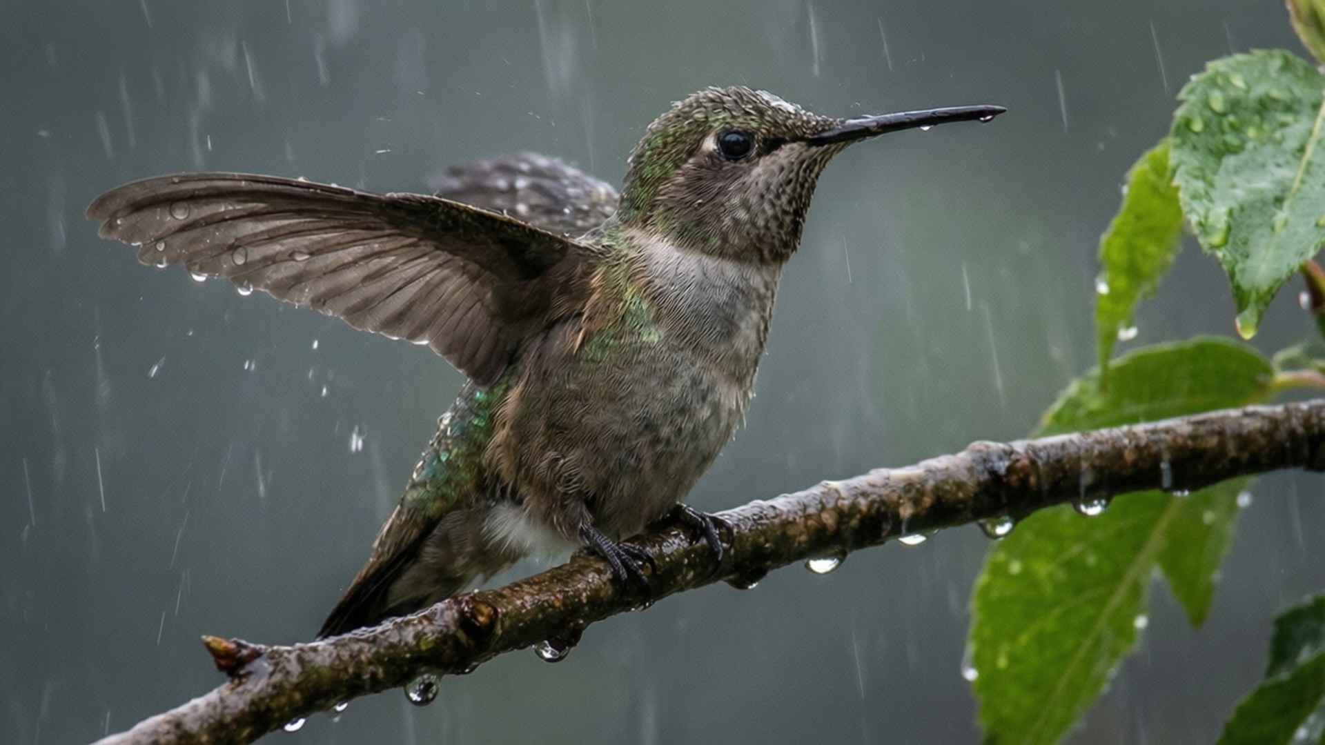 一隻蜂鳥在暴風雨中棲息在濕樹枝上，周圍有水滴落下。