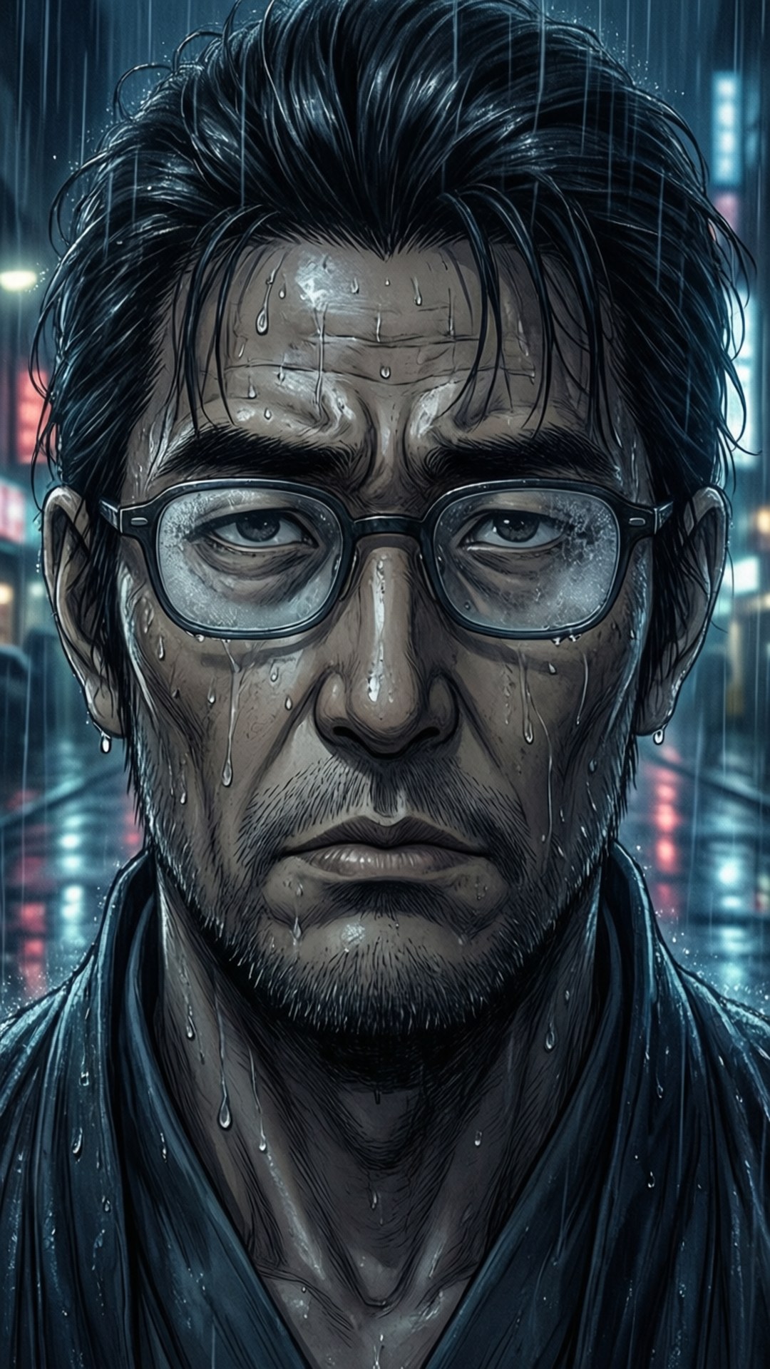 一個戴眼鏡的男人在夜晚的城市中，站在霓虹燈下的雨中。