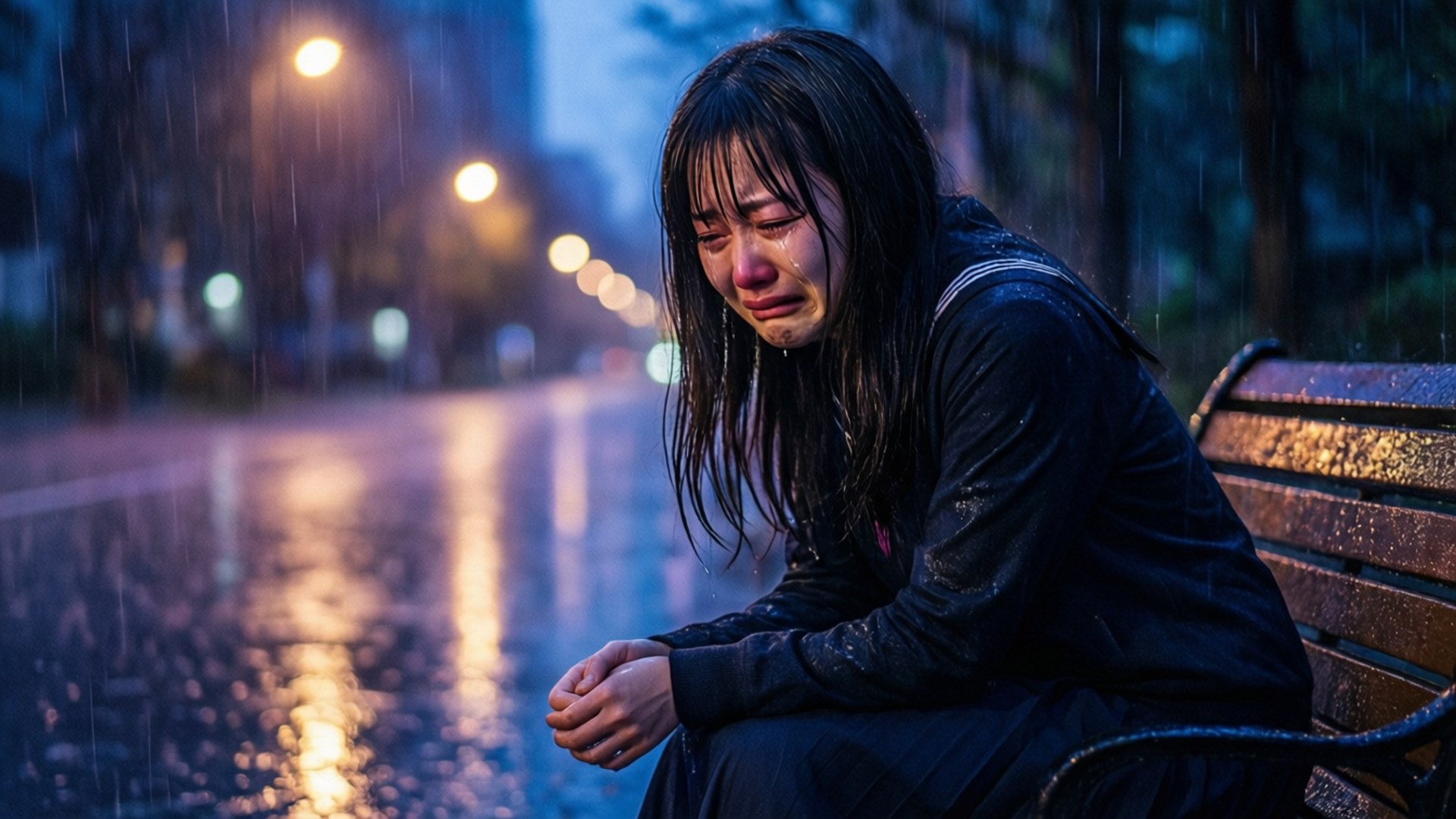 一個女人在夜晚的雨中坐在濕透的長椅上哭泣，背後有街燈閃爍。