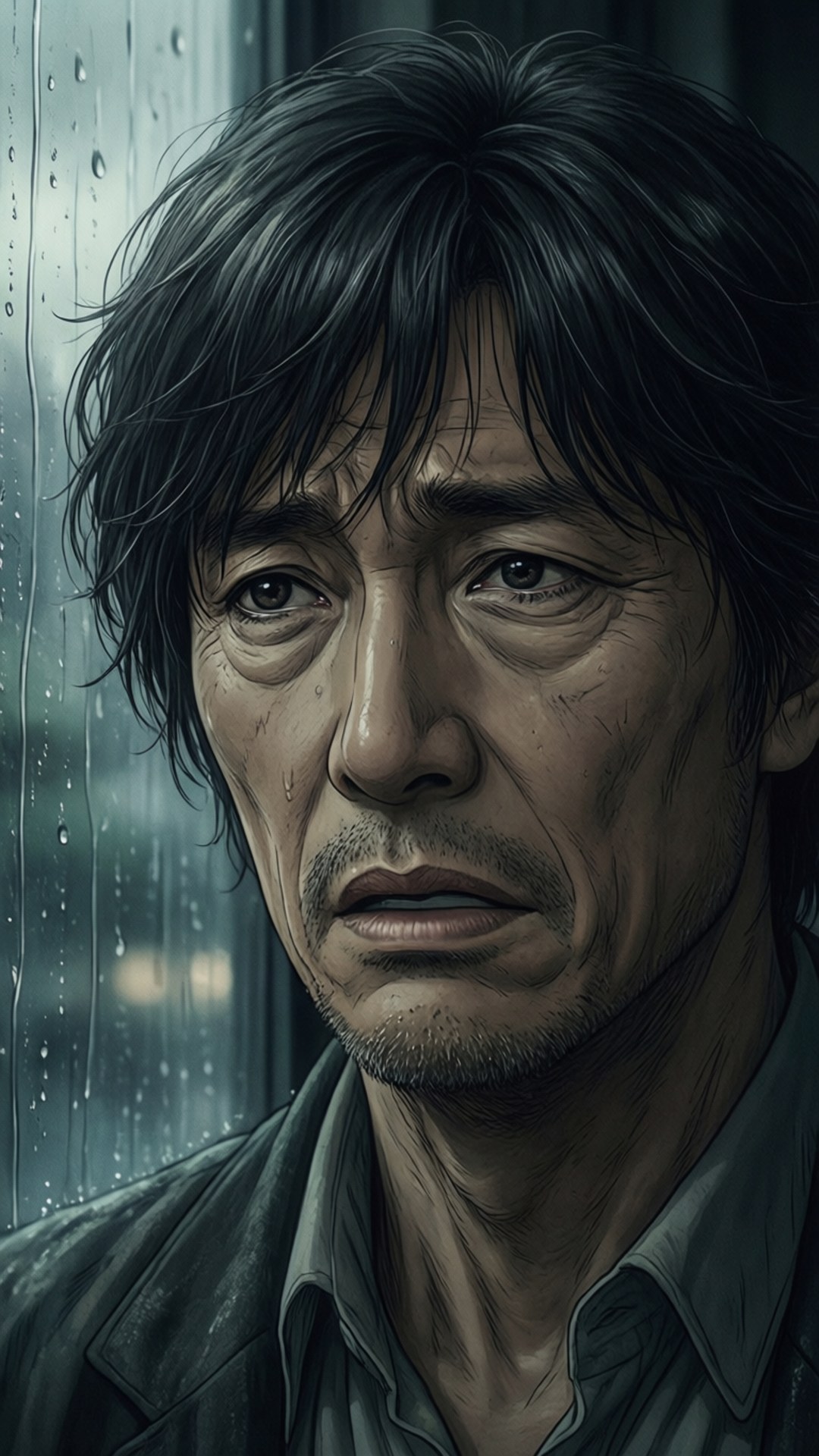 一個悲傷的男人，黑髮，帶着淚痕，望着窗外下雨。