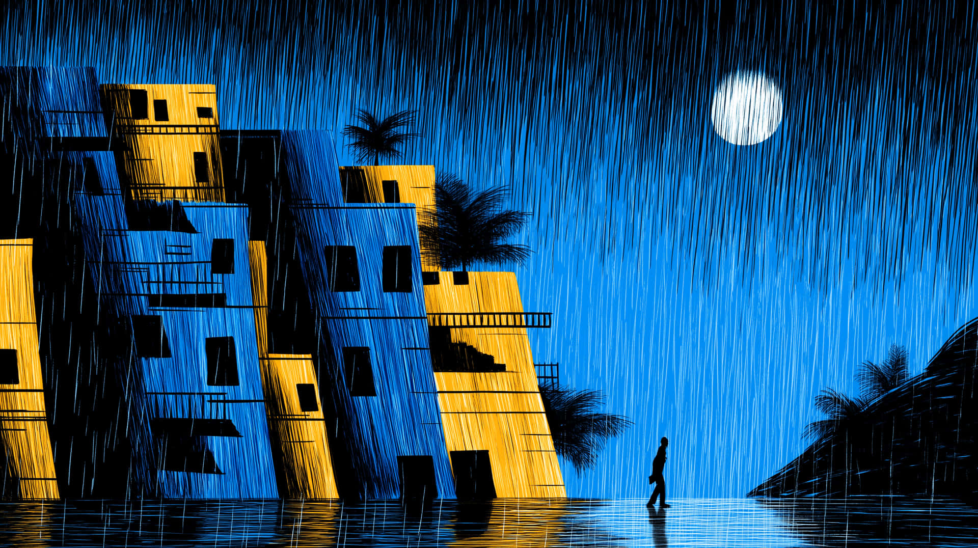 一個人在滿月下的夜雨中行走，附近有色彩繽紛的建築物和棕櫚樹