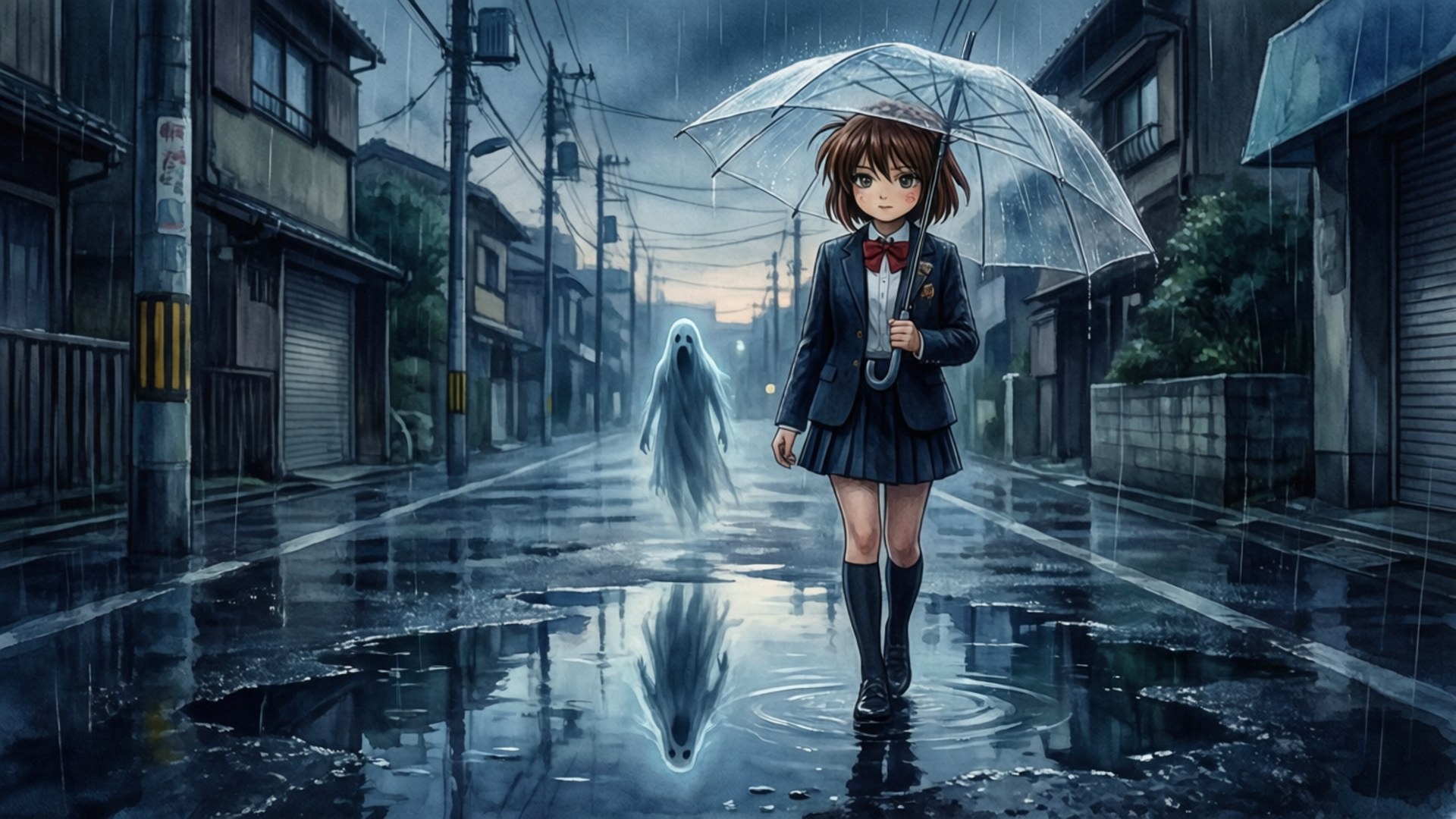 一個穿著校服的女孩在雨中撐傘行走，身後有一個鬼魂。