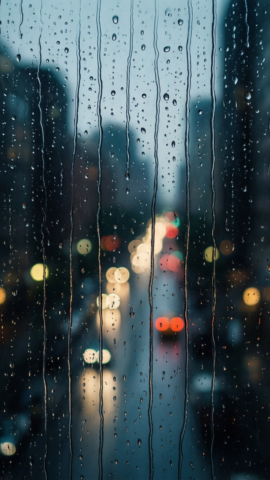 雨滴沿玻璃窗流下，將夜晚的城市燈光模糊成發光球體。