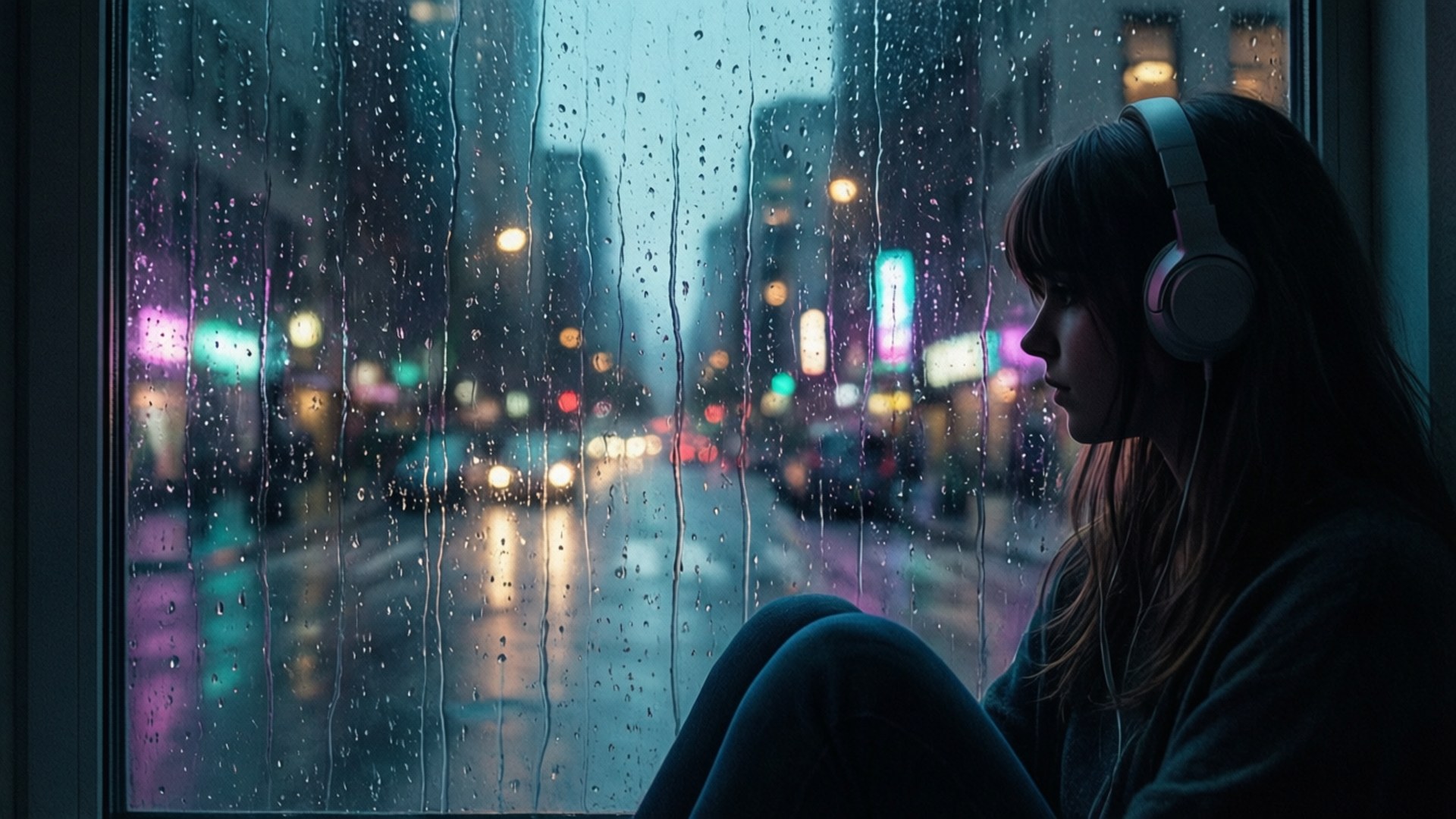 年輕女子戴著耳機從雨窗望向夜晚發光的城市街道