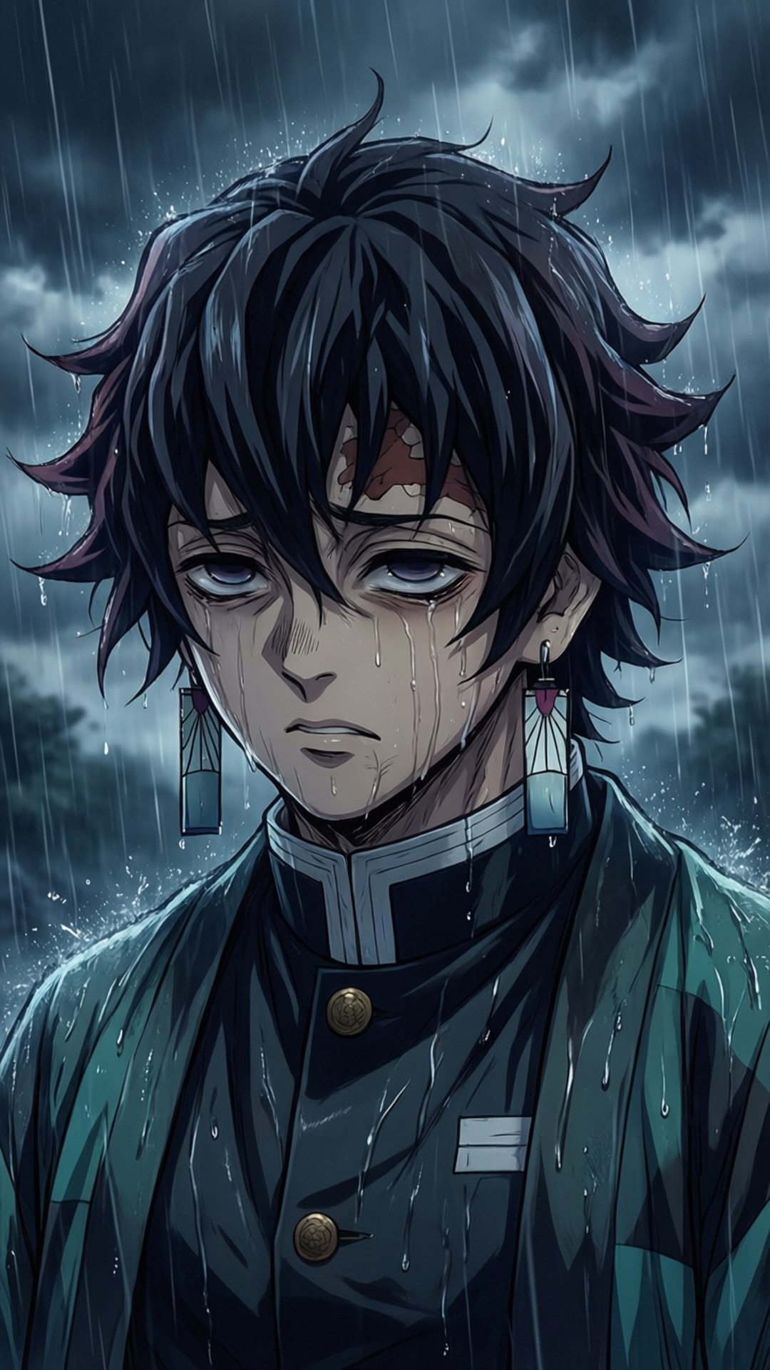 年輕動漫角色，深色頭髮，雨中流淚，穿著濕透的制服