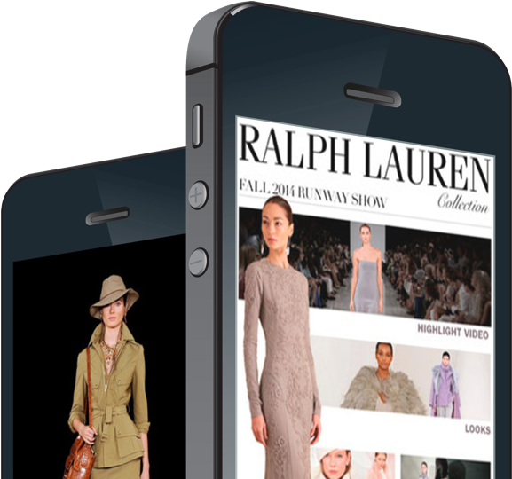 Ralph Lauren 2016秋冬時裝秀展示 壁紙 — 兩部智能手機顯示Ralph Lauren Fall 2014時裝展內容，模特兒以優雅時尚造型在深色背景前展示。